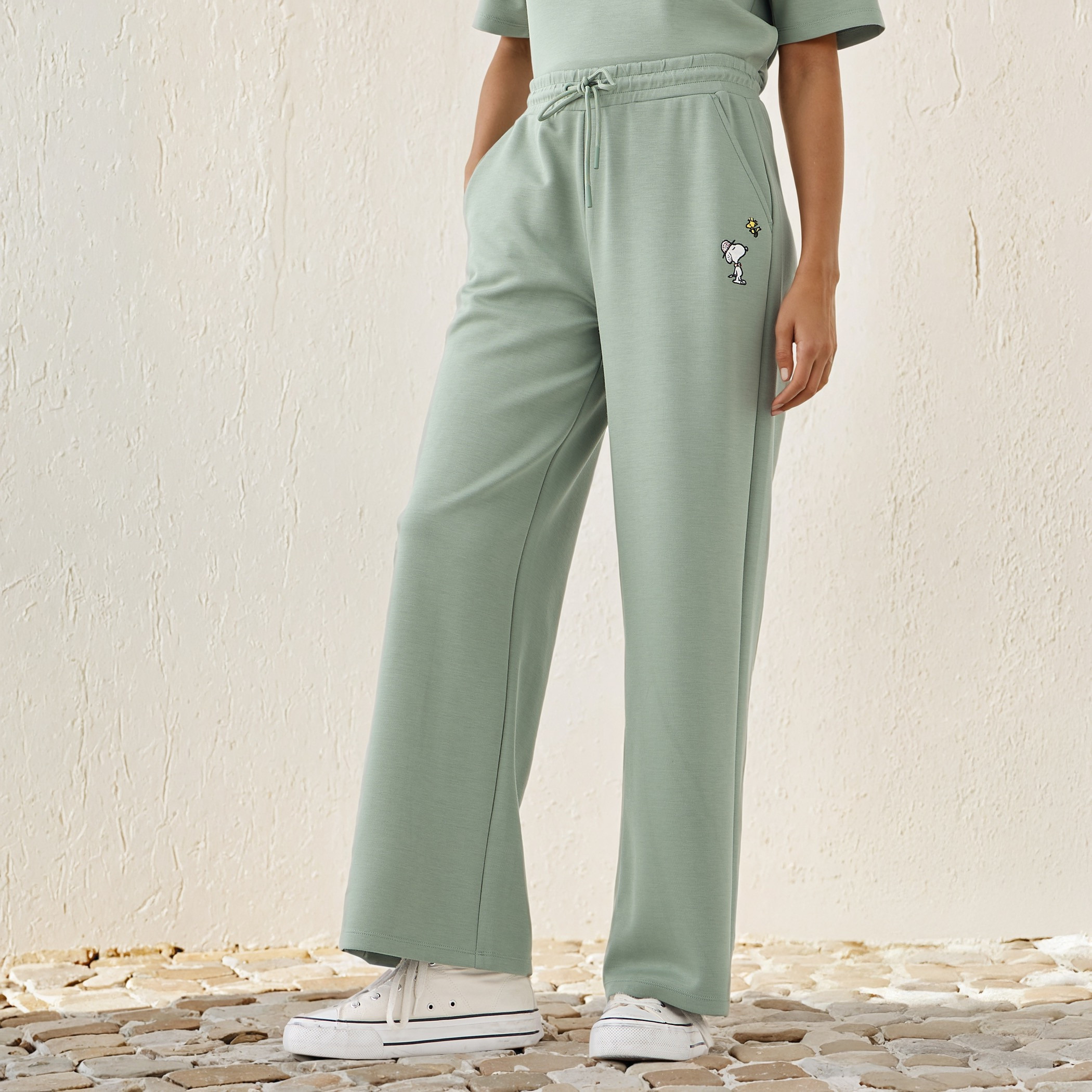 Snoopy Embroidered Straight Fit Pants with Pockets-women-clothing-bottoms-trousers-image-1