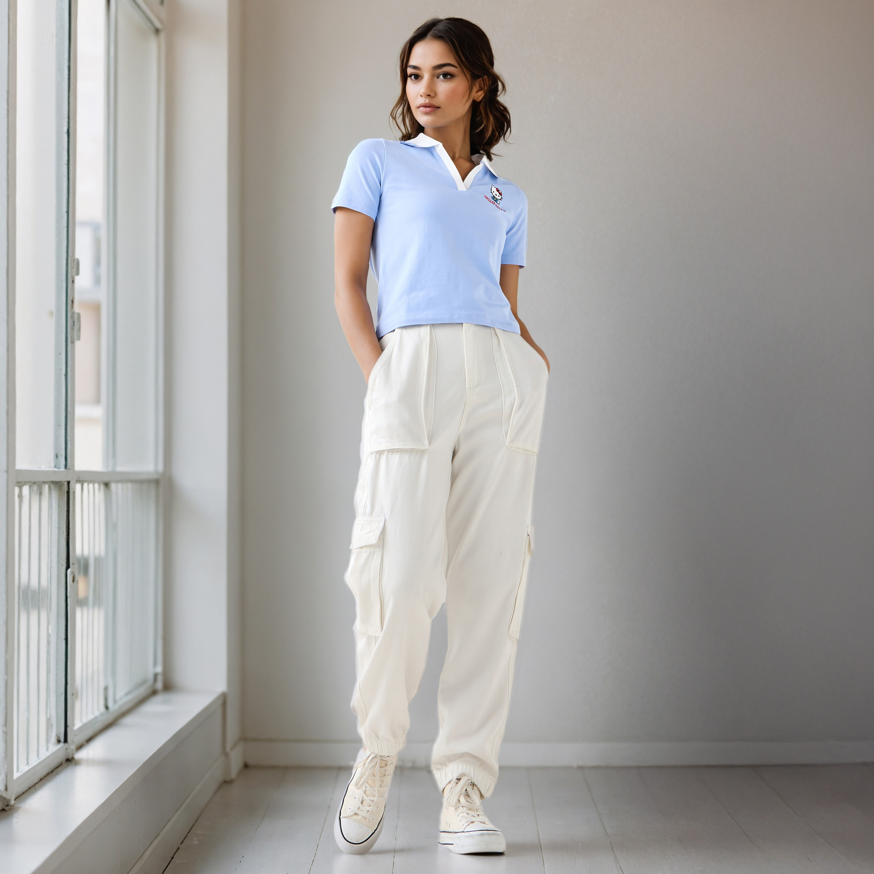 تيشيرت بولو قطن بتطريزات هالو كيتي-women-clothing-tshirts-image-2