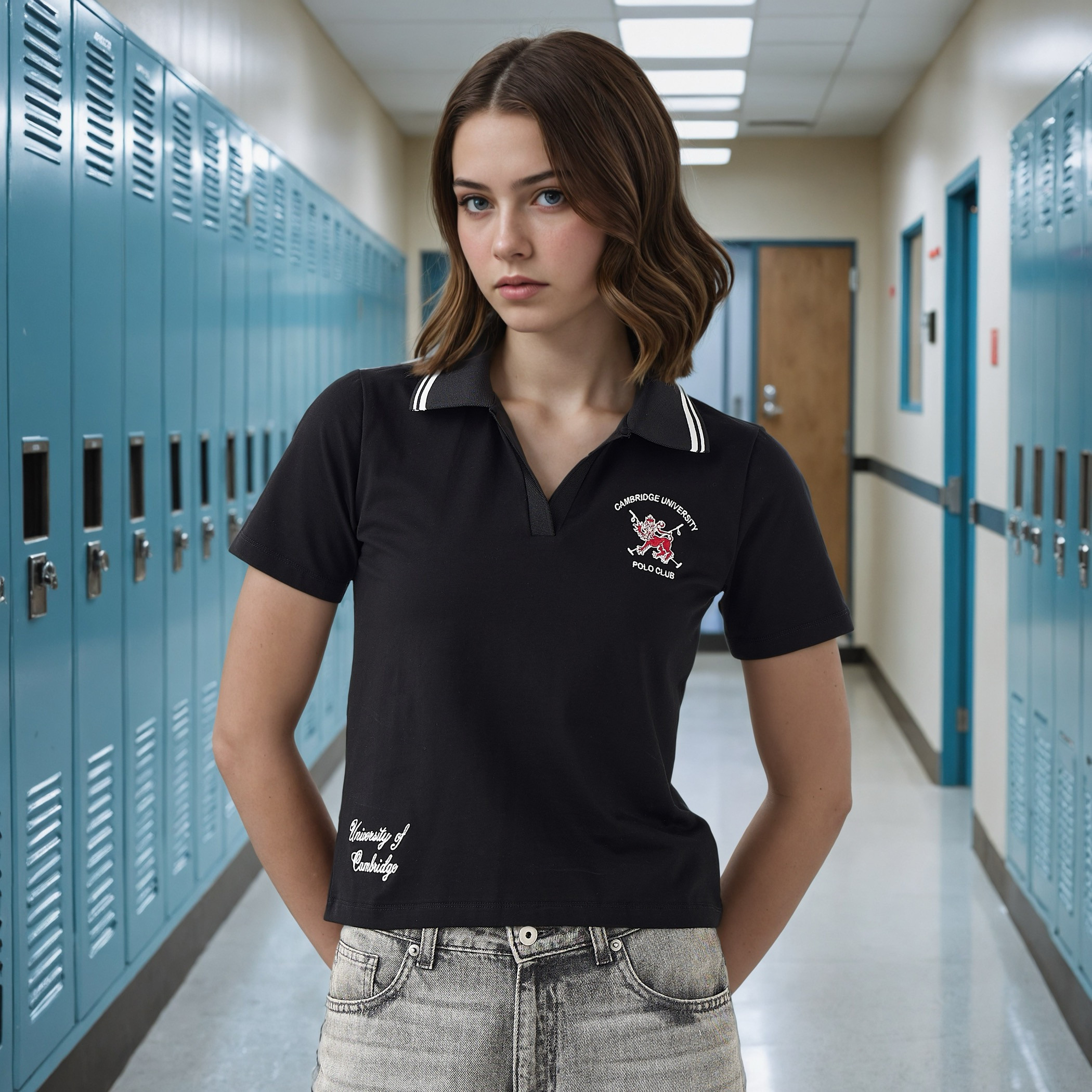 Cambridge University Logo Embroidered Crop Polo Cotton T-shirt-women-clothing-tshirts-image-1