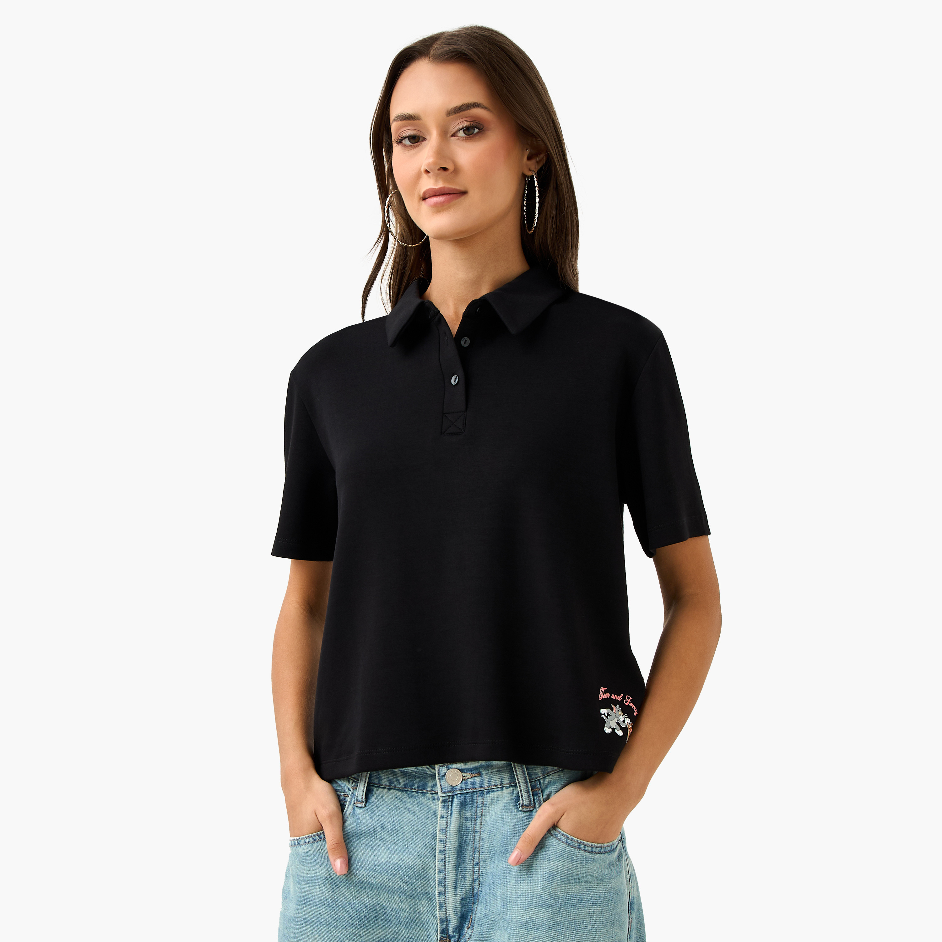 Tom and Jerry Print Polo T-shirt-women-clothing-tshirts-image-1