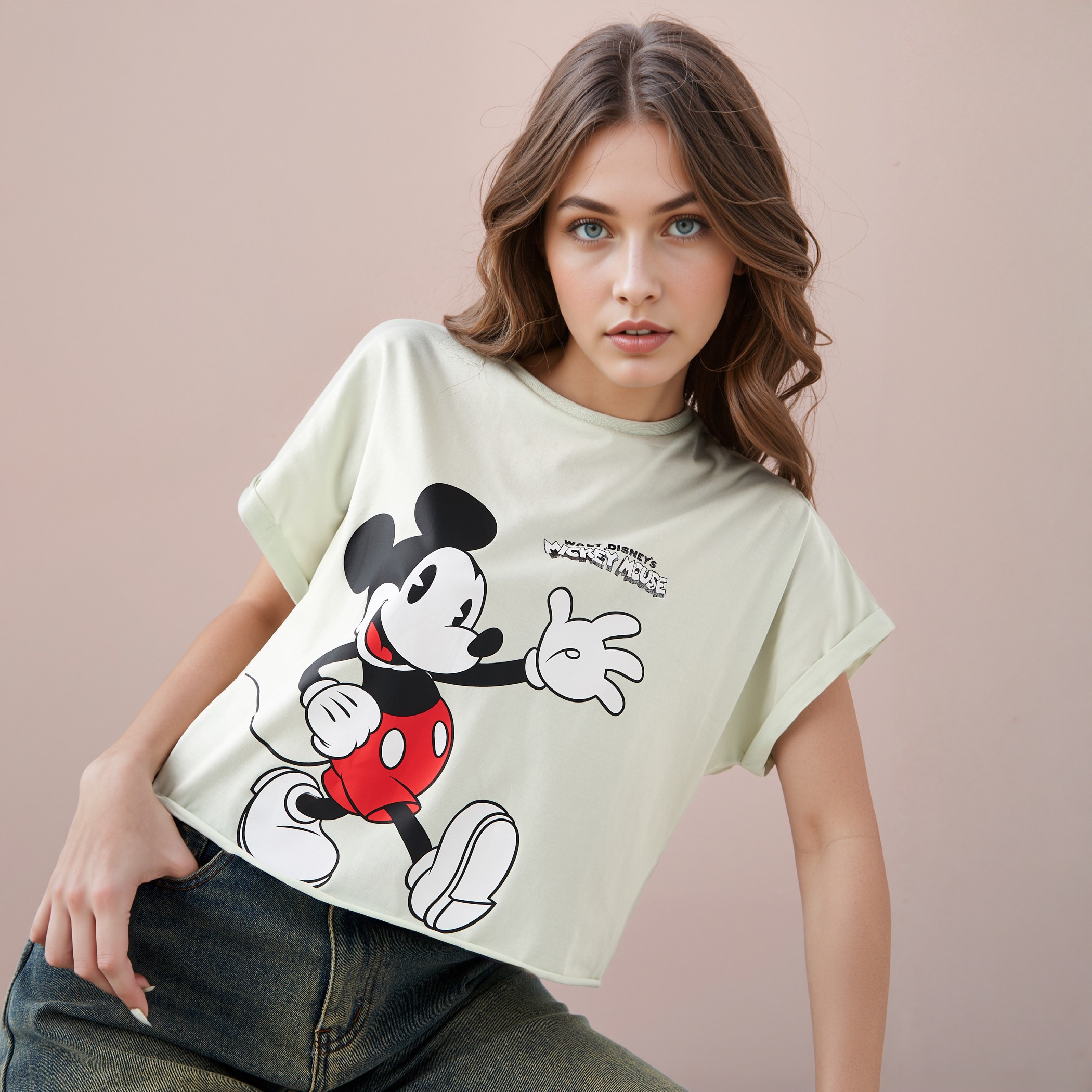 تيشيرت قصير بياقة ضيقة وطبعات ميكي ماوس-women-clothing-tshirts-image-1