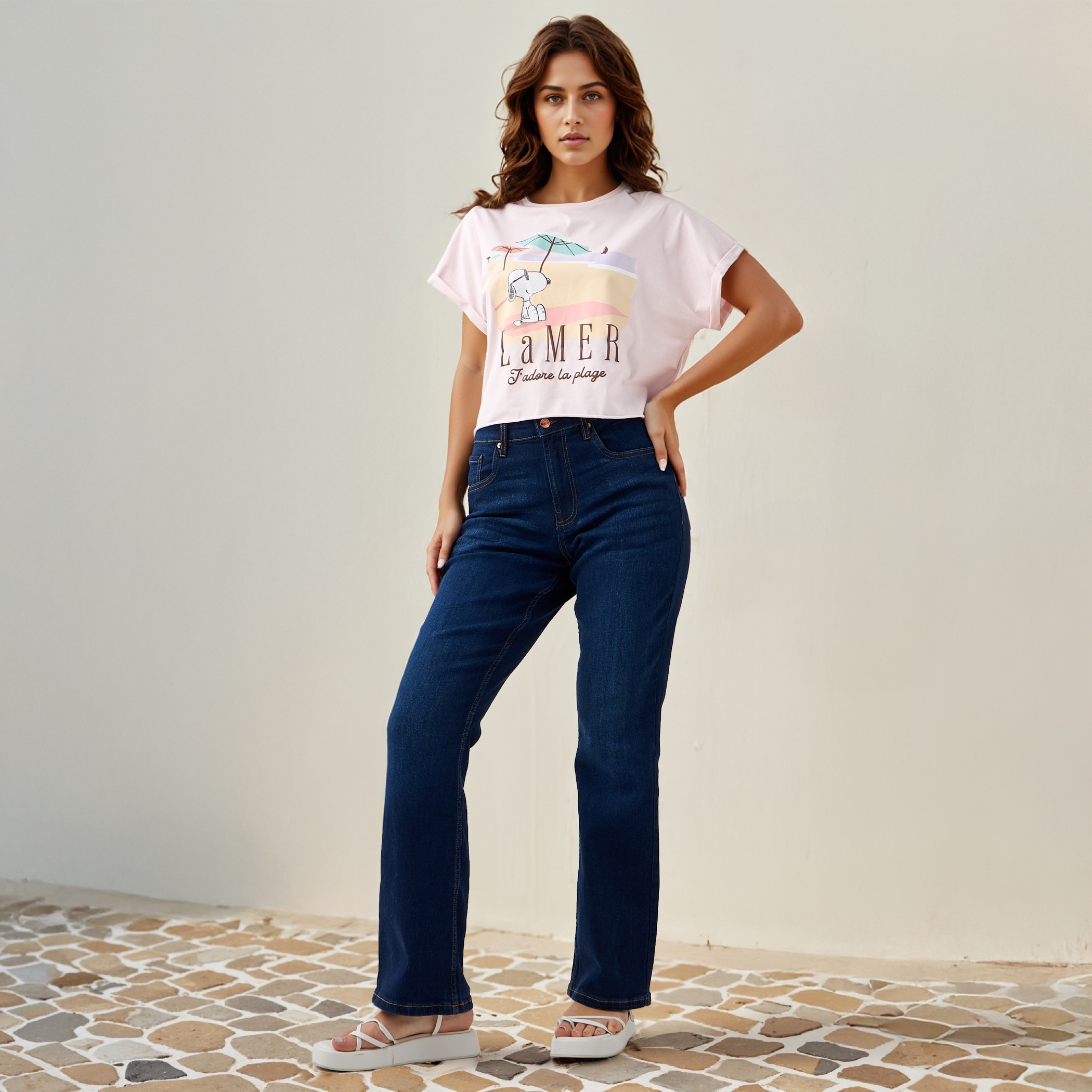 Peanuts Print Crew Neck T-shirt with Short Sleeves-women-clothing-tshirts-image-2