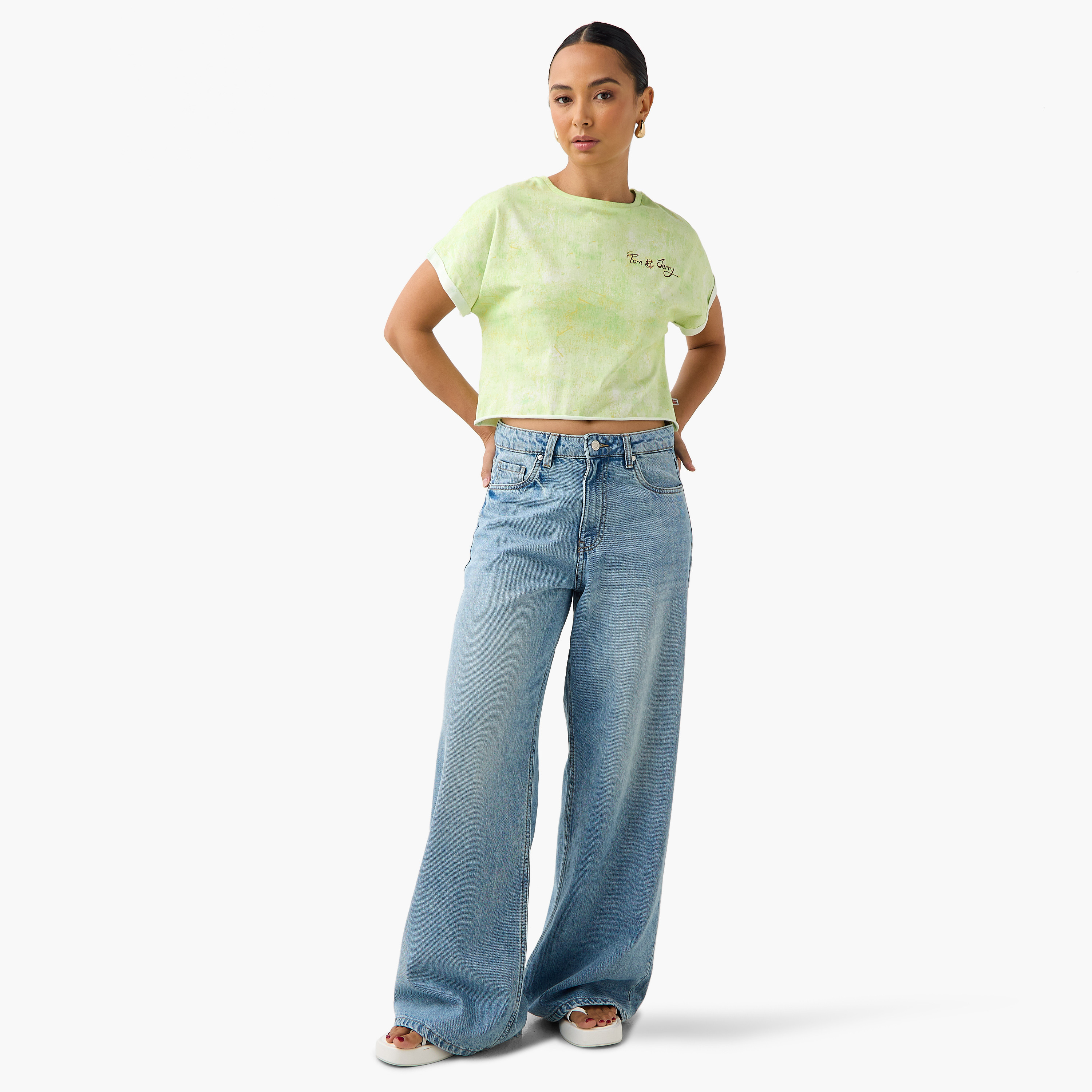 Tom and Jerry Print Crop T-shirt with Extended Sleeves-women-clothing-tshirts-image-2