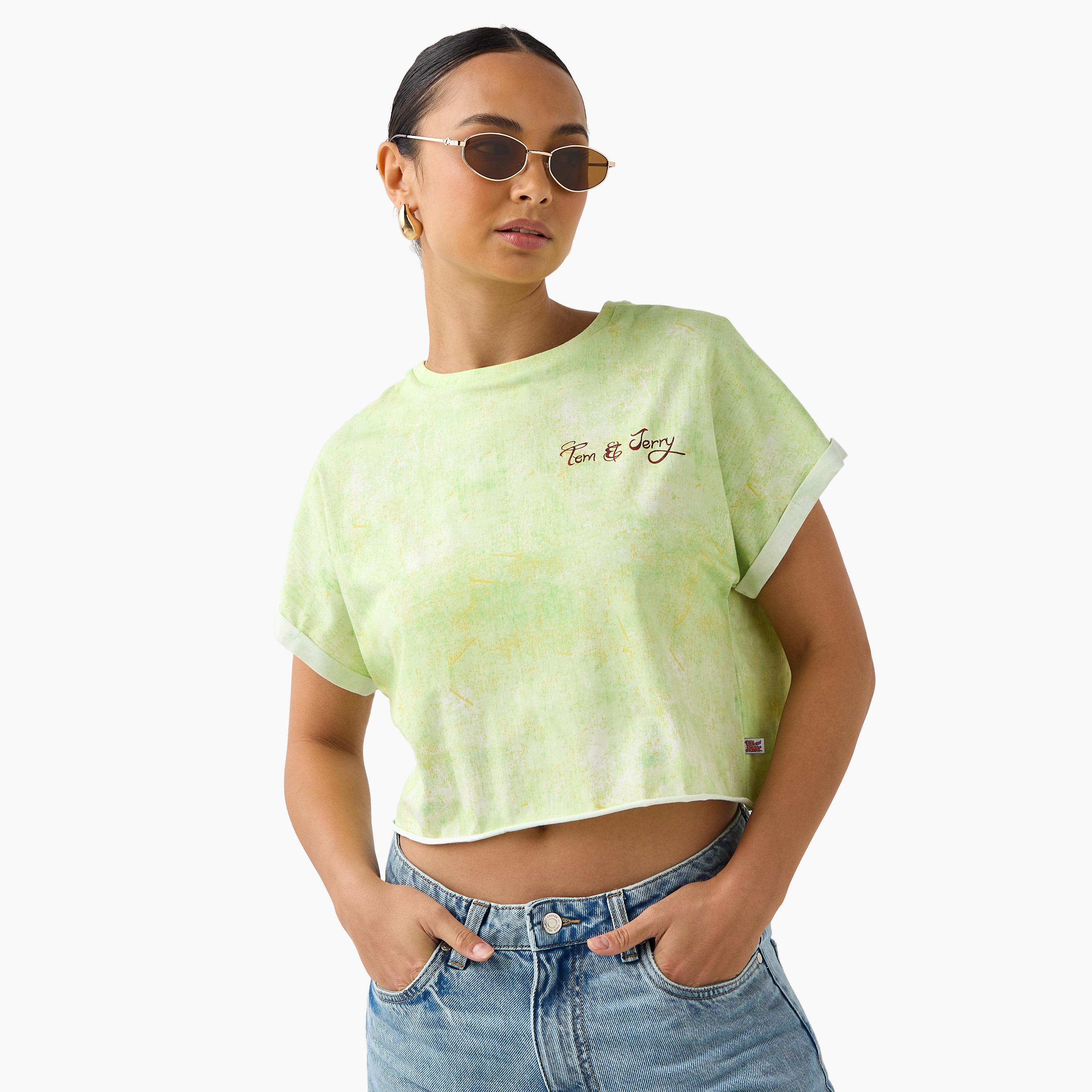 Tom and Jerry Print Crop T-shirt with Extended Sleeves-women-clothing-tshirts-image-3