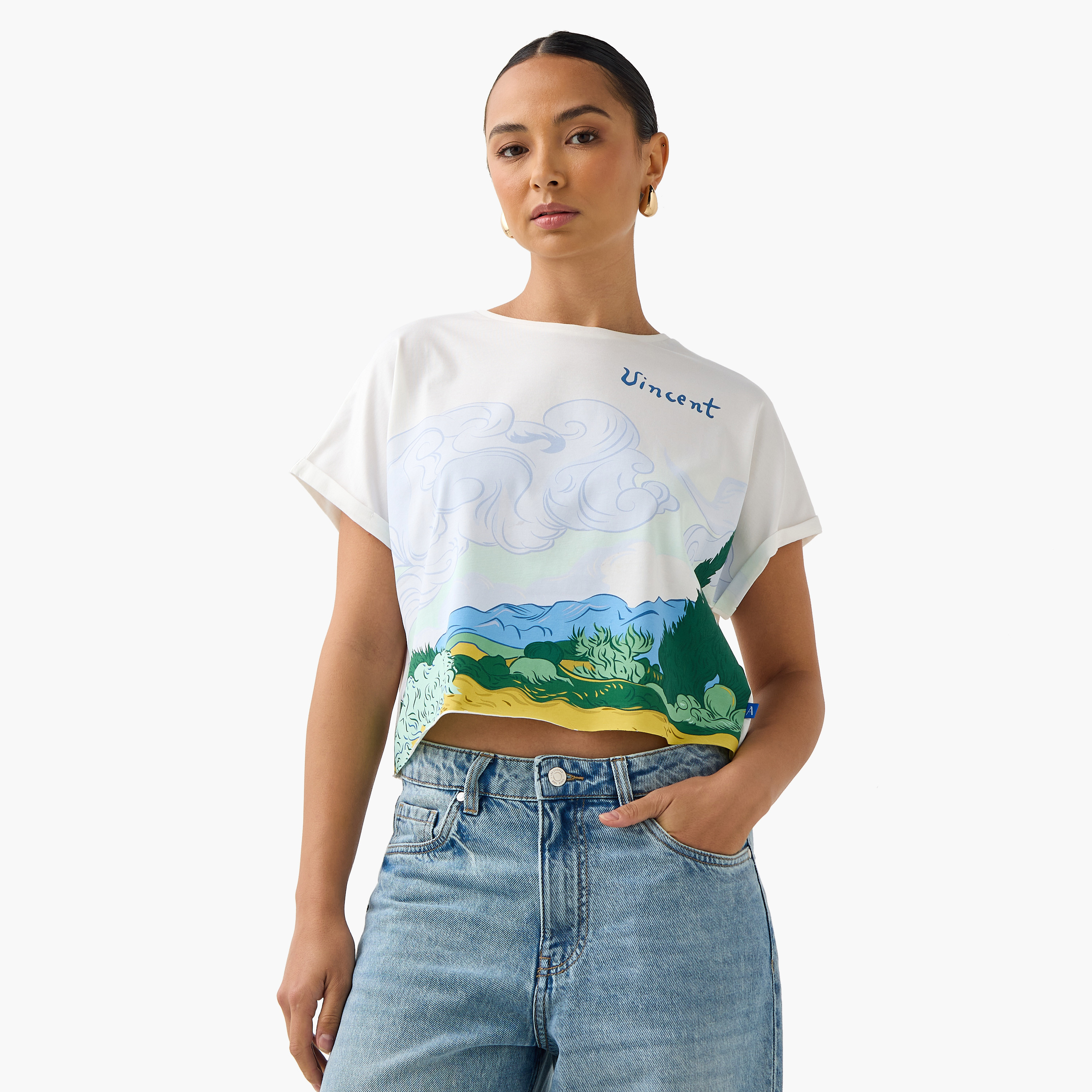 Vincent Van Gogh Cropped T-shirt with Extended Sleeves-women-clothing-tshirts-image-1