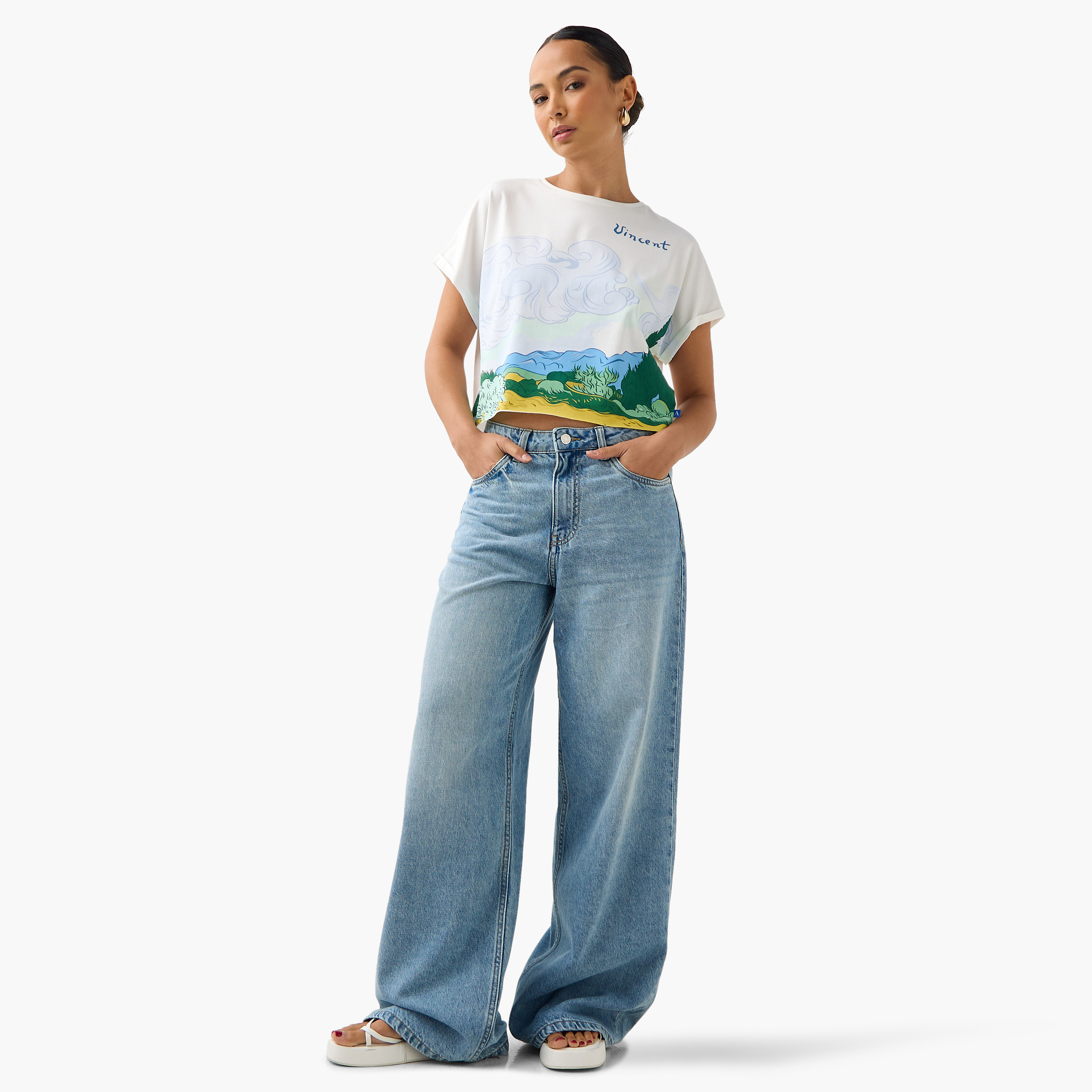 Vincent Van Gogh Cropped T-shirt with Extended Sleeves-women-clothing-tshirts-image-2