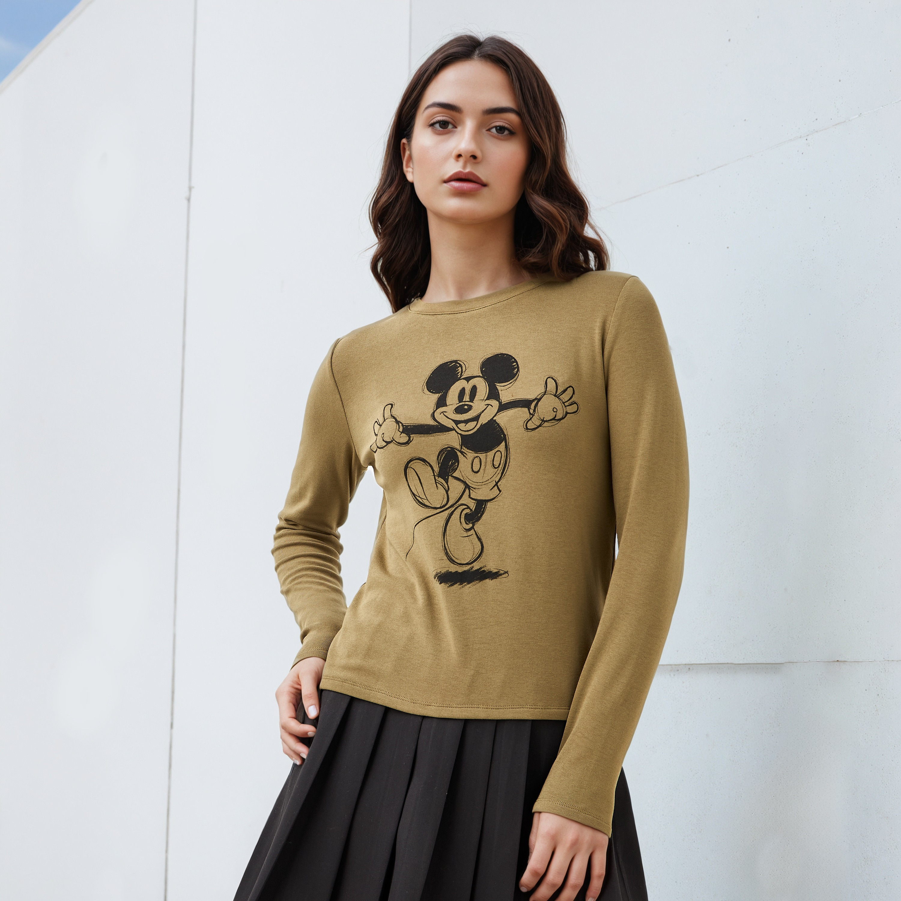 Mickey Mouse Print T-shirt with Long Sleeves-women-clothing-tshirts-image-1