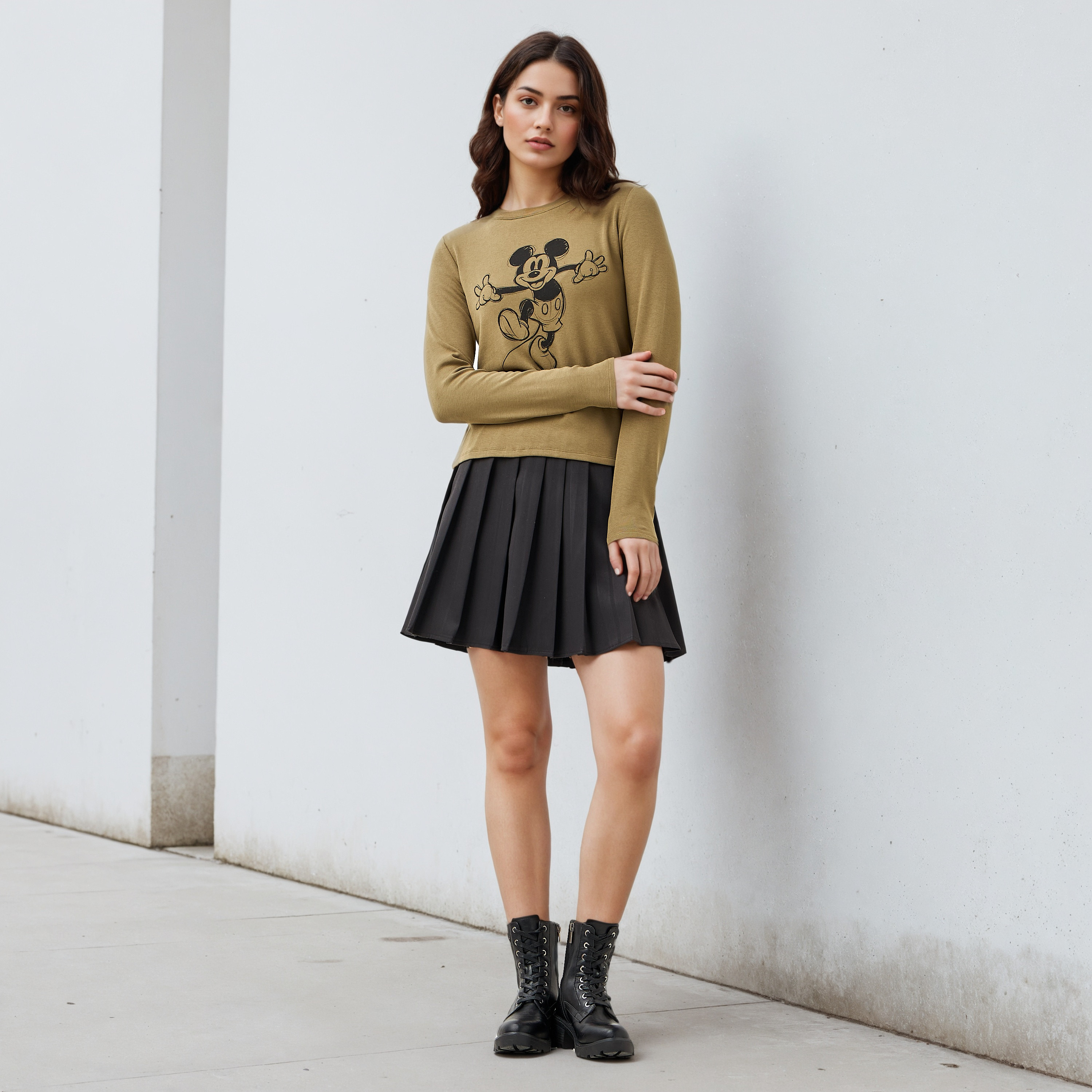 Mickey Mouse Print T-shirt with Long Sleeves-women-clothing-tshirts-image-2