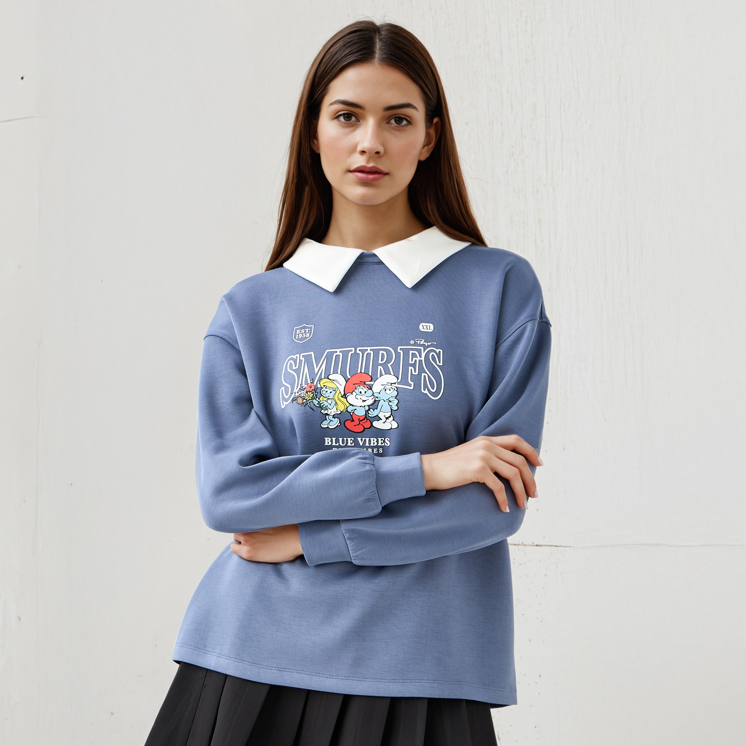 Smurfs Print Sweatshirt with Contrast Collar-women-clothing-hoodiesandsweatshirts-sweatshirts-image-1