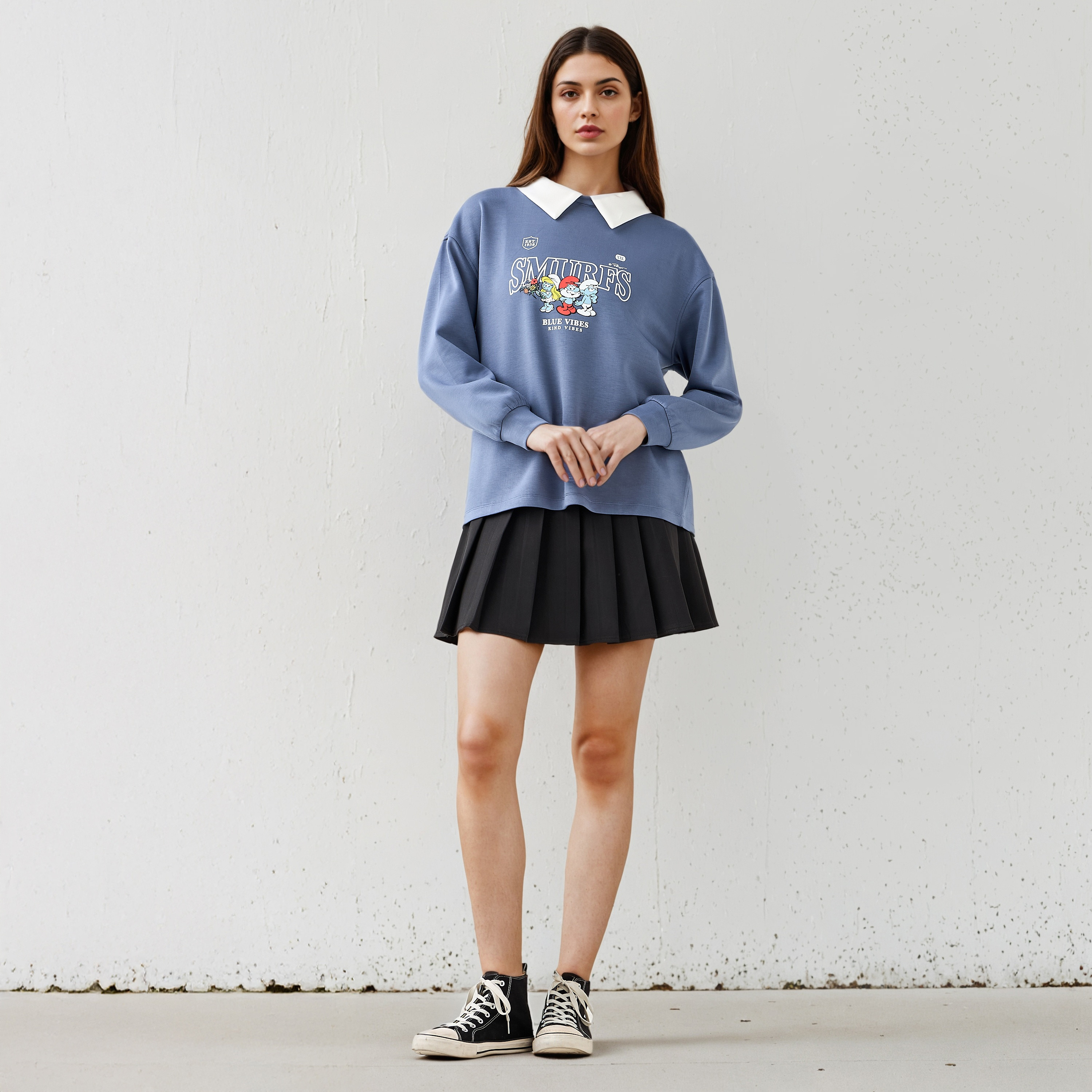 Smurfs Print Sweatshirt with Contrast Collar-women-clothing-hoodiesandsweatshirts-sweatshirts-image-2