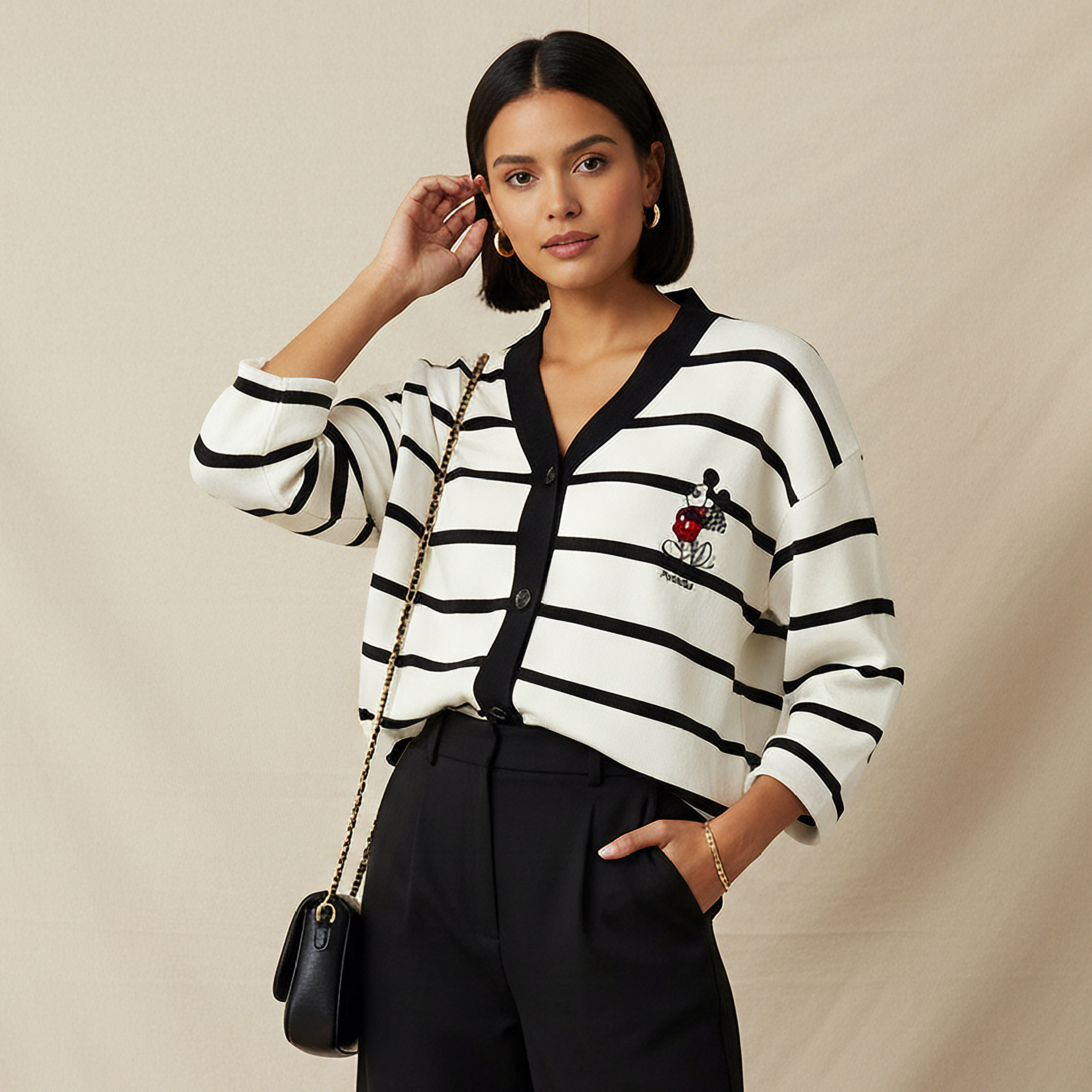 Loose Fit Striped V-neck Cardigan-women-winterwear-cardigansandjumpers-cardigans-image-1
