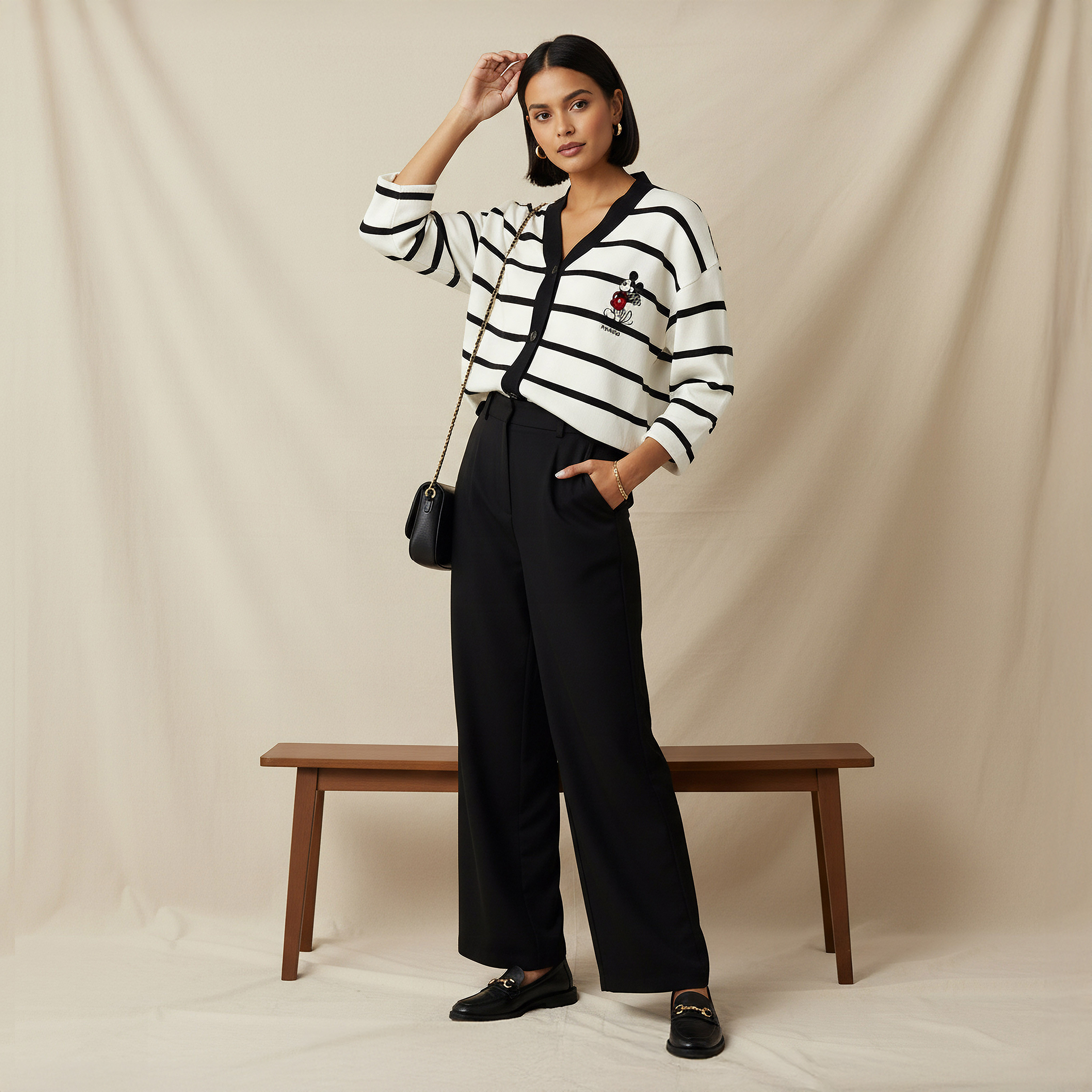 Loose Fit Striped V-neck Cardigan-women-winterwear-cardigansandjumpers-cardigans-image-2