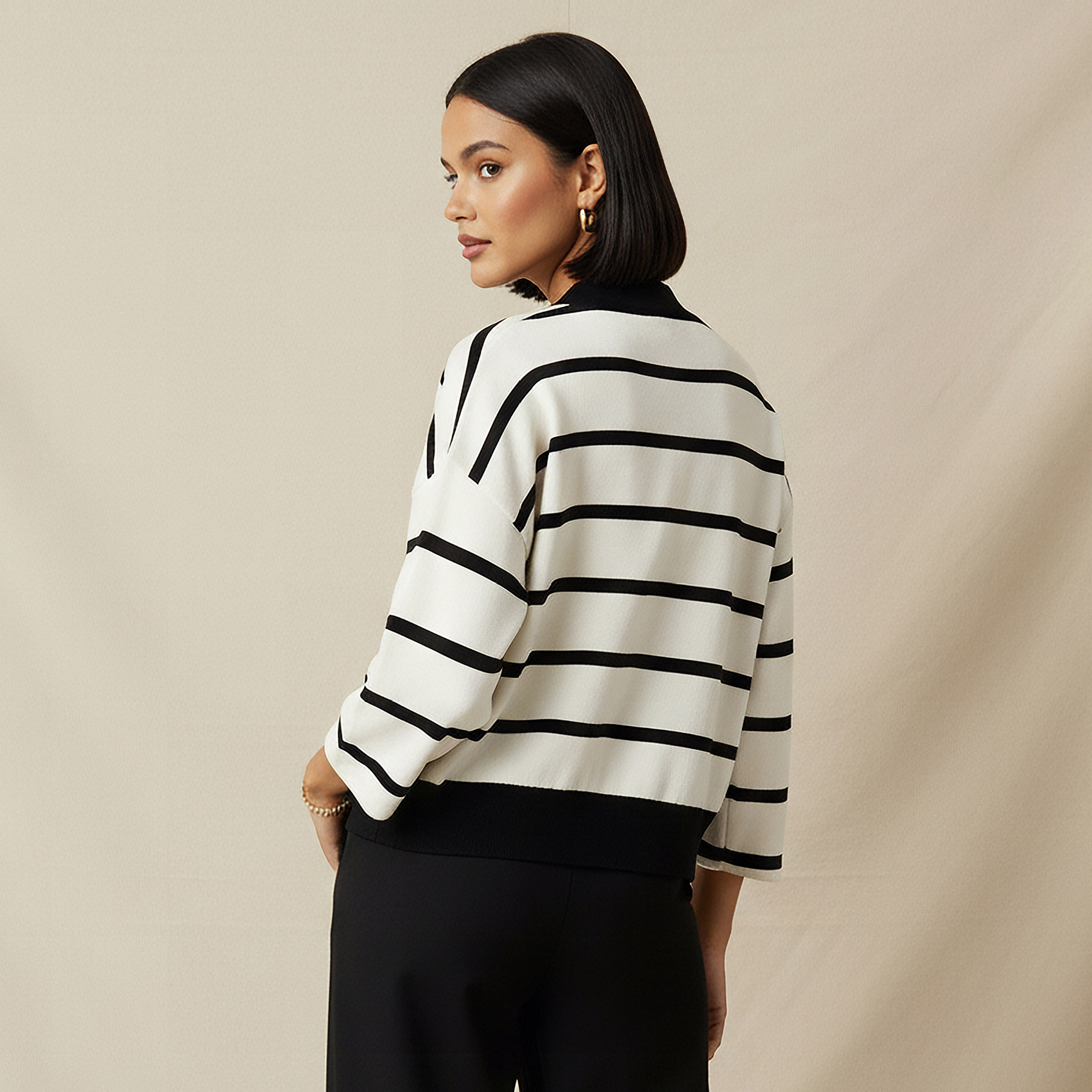 Loose Fit Striped V-neck Cardigan-women-winterwear-cardigansandjumpers-cardigans-image-3