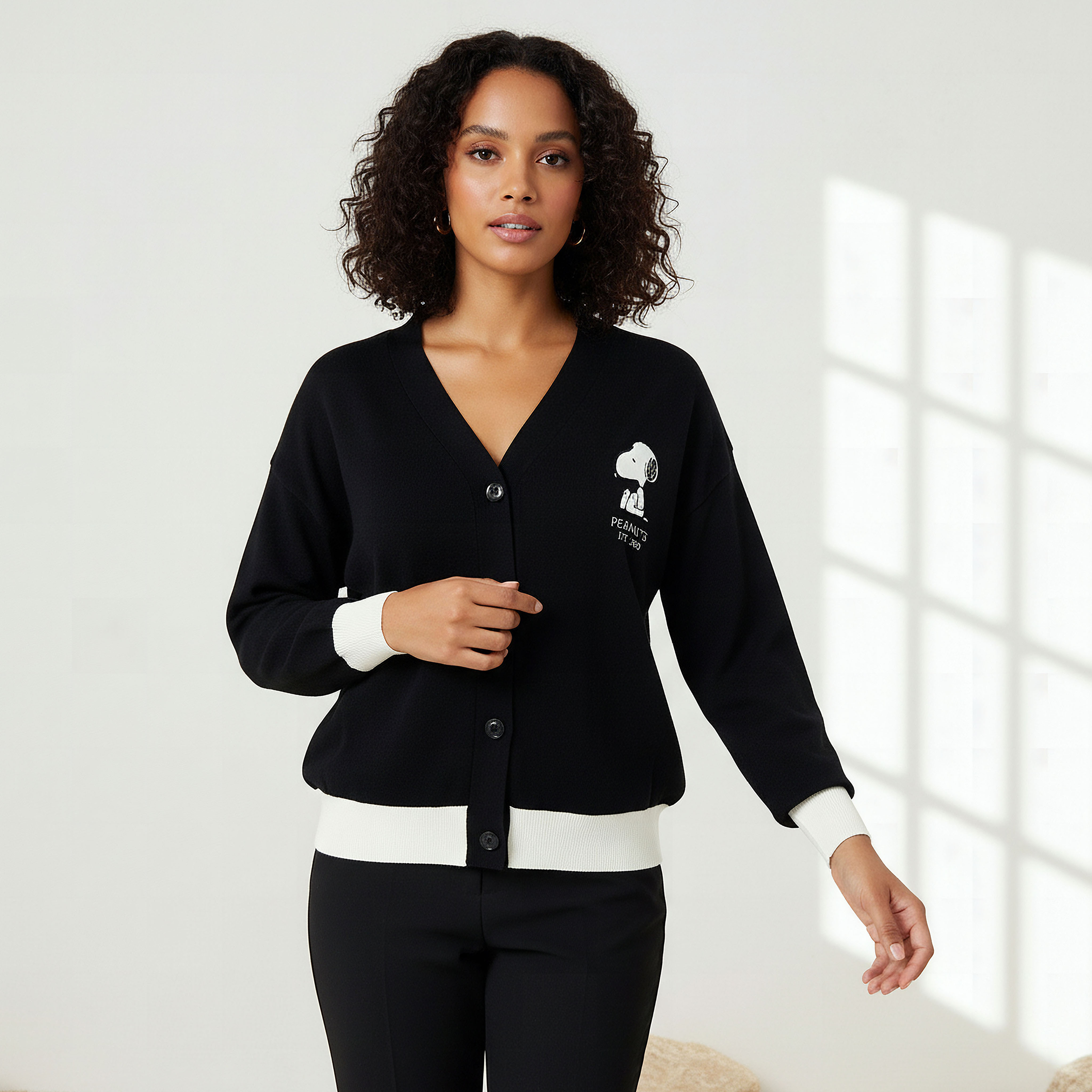 Snoopy Embroidered V-neck Cardigan-women-winterwear-cardigansandjumpers-cardigans-image-1