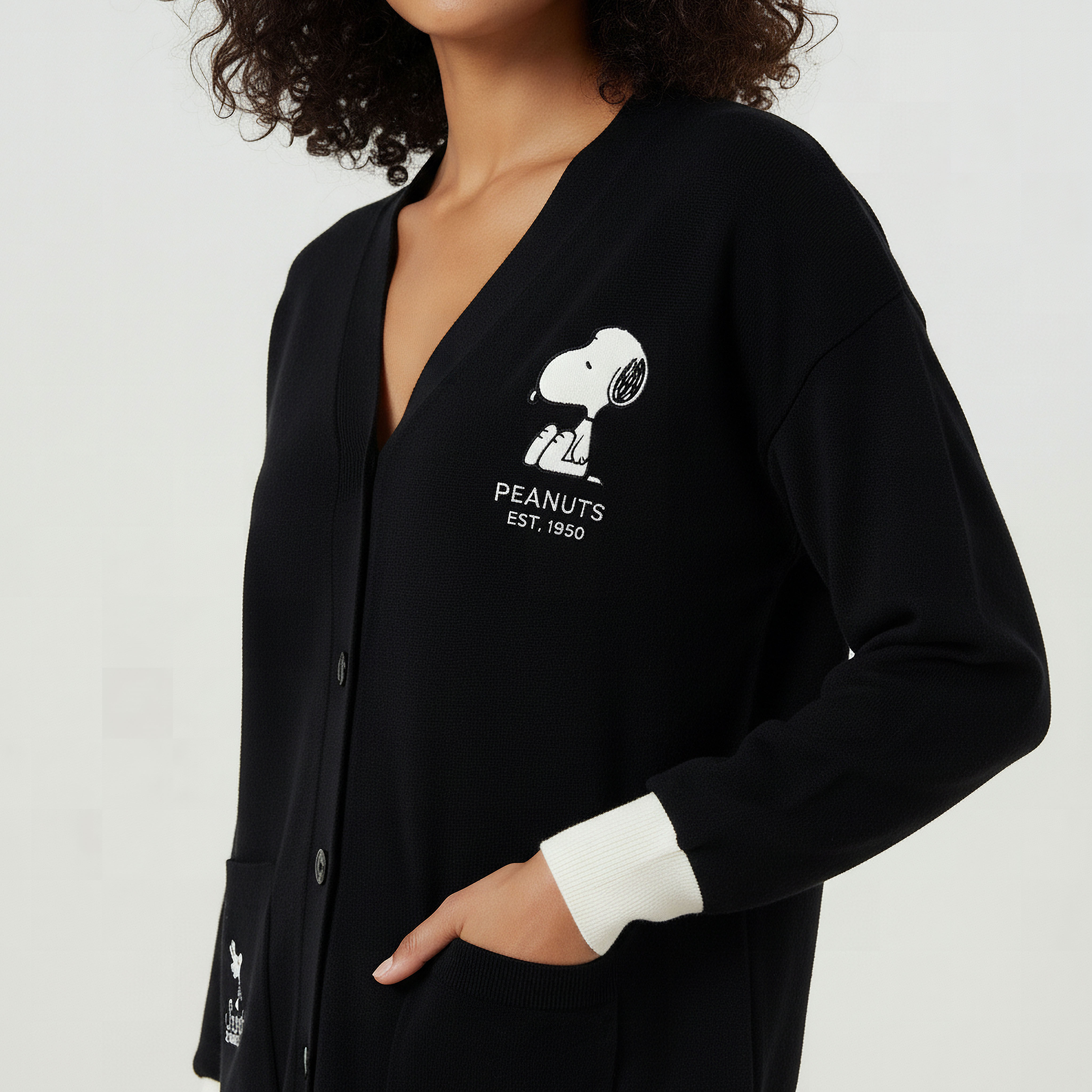 Snoopy Embroidered V-neck Cardigan-women-winterwear-cardigansandjumpers-cardigans-image-4