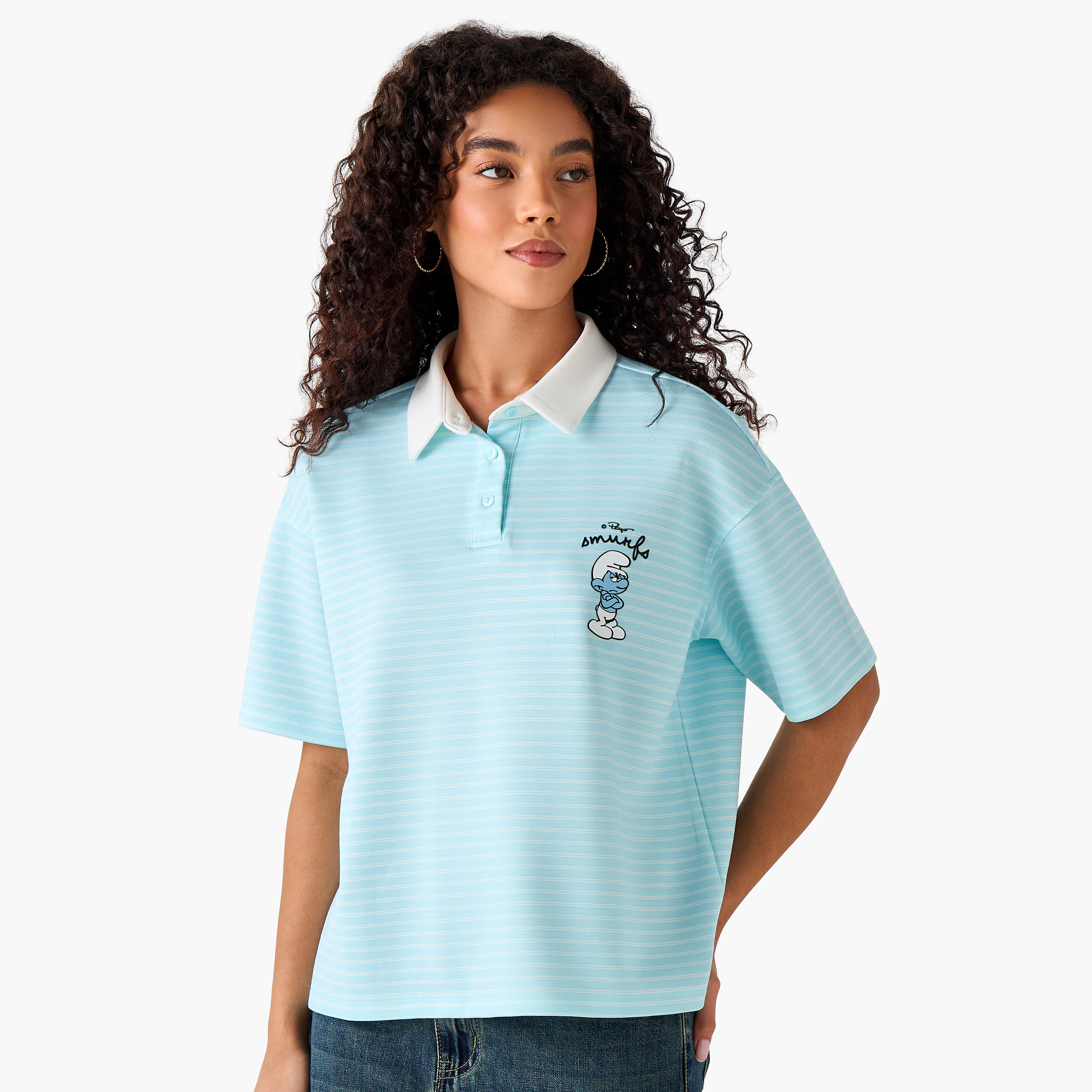 تيشيرت بولو قطني بطبعة السنافر-women-clothing-tshirts-image-2