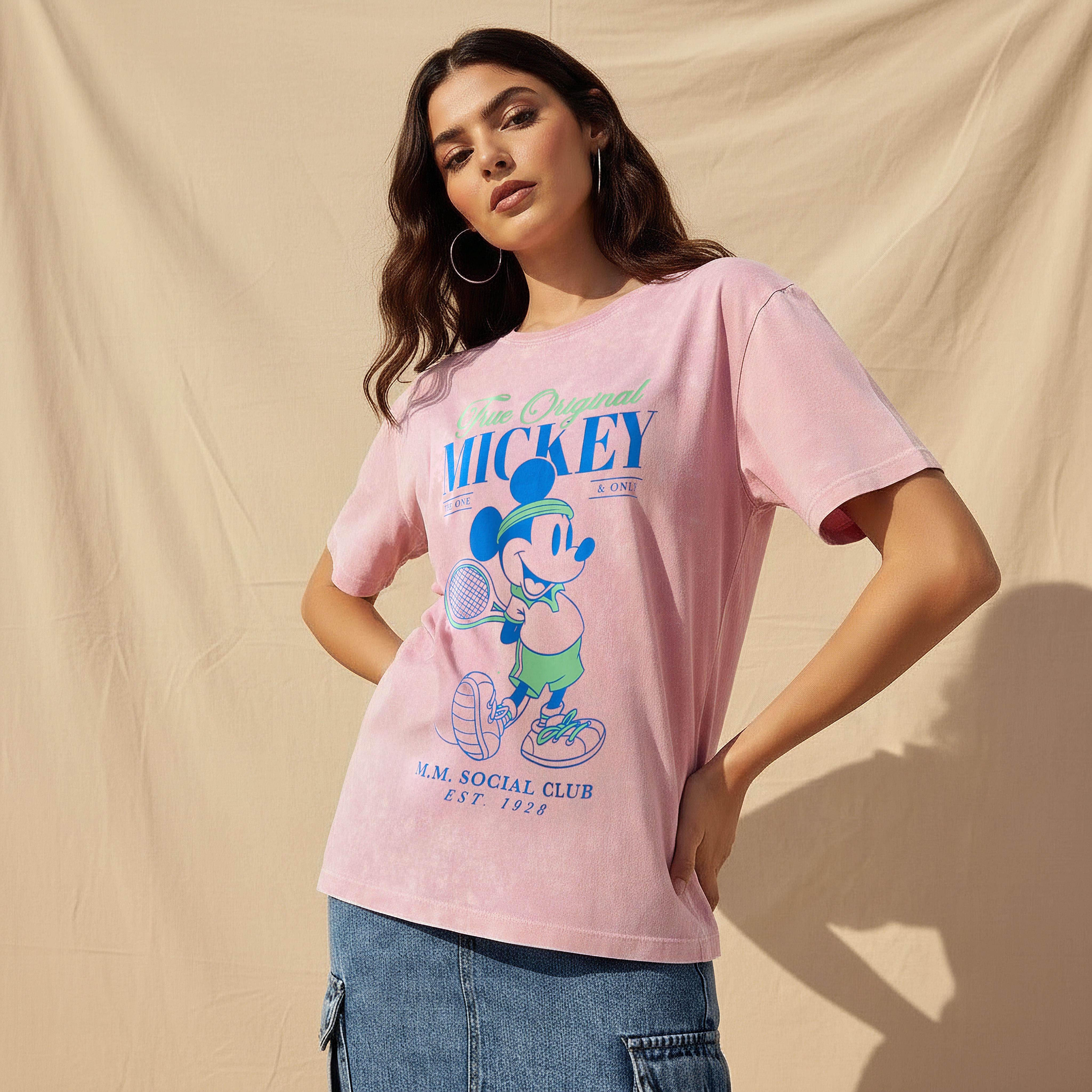 Oversized Cotton T-shirt with Mickey Mouse Print-women-clothing-tshirts-image-1