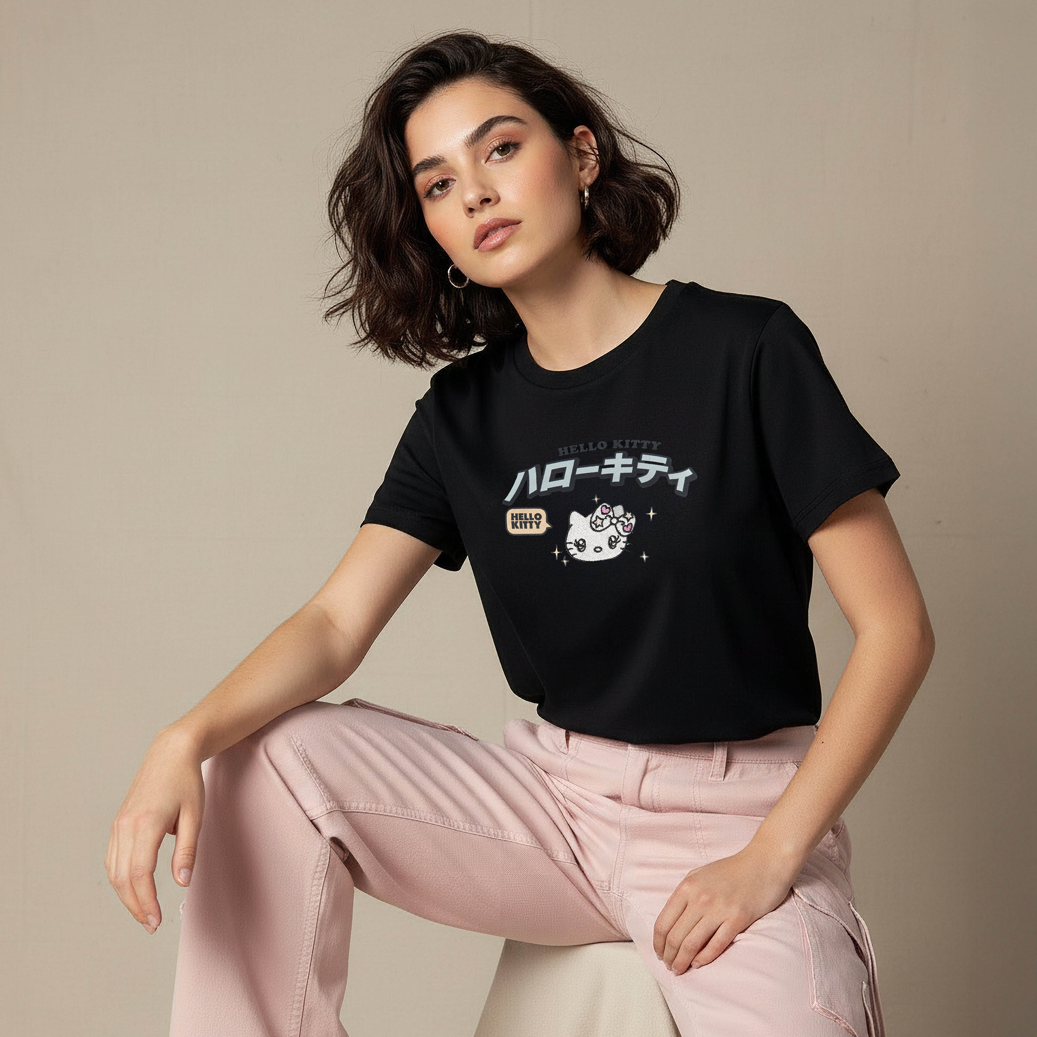 Cotton T-shirt with Hello Kitty Embroidery-women-clothing-tshirts-image-1