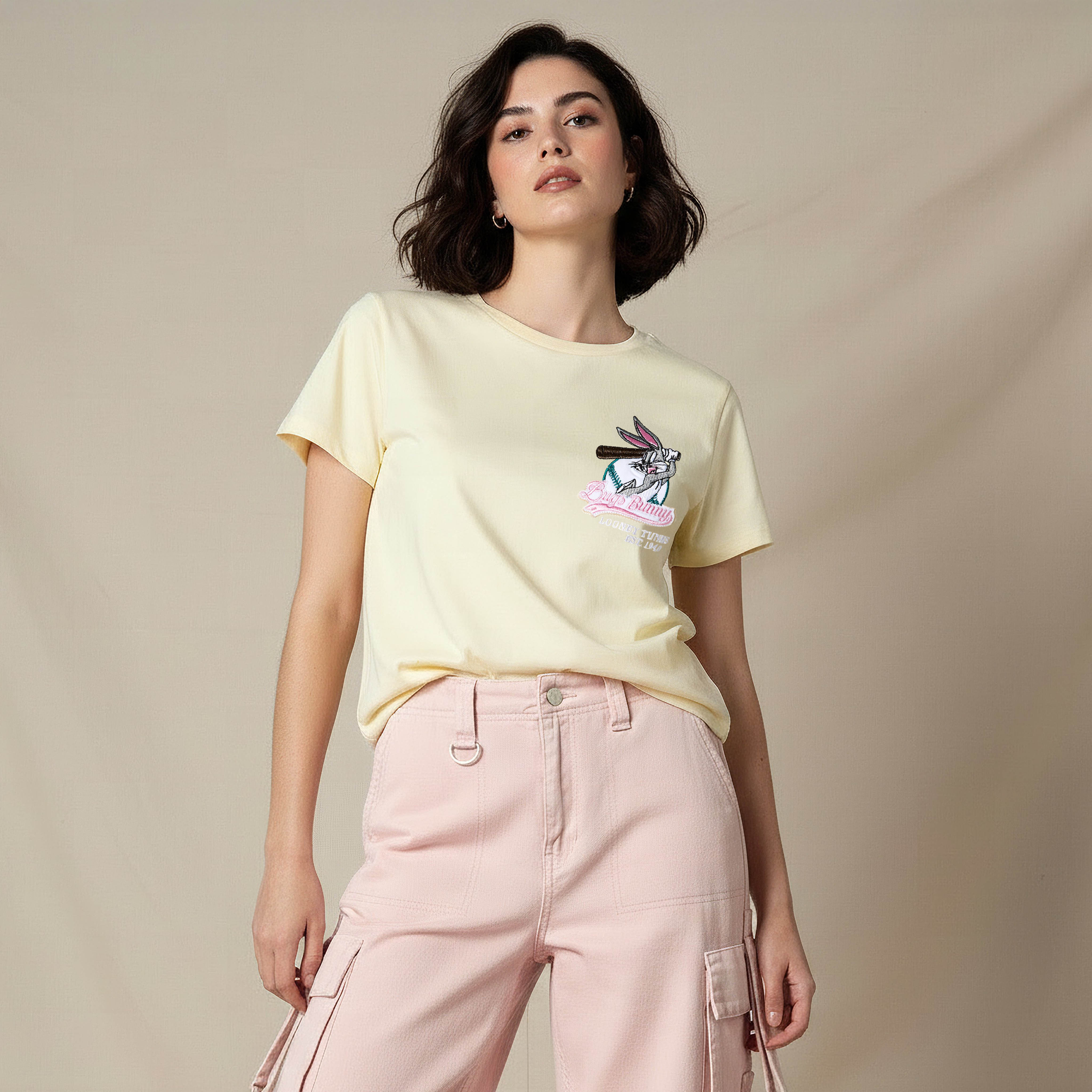Cotton T-shirt with Bugs Bunny Embroidery-women-clothing-tshirts-image-1