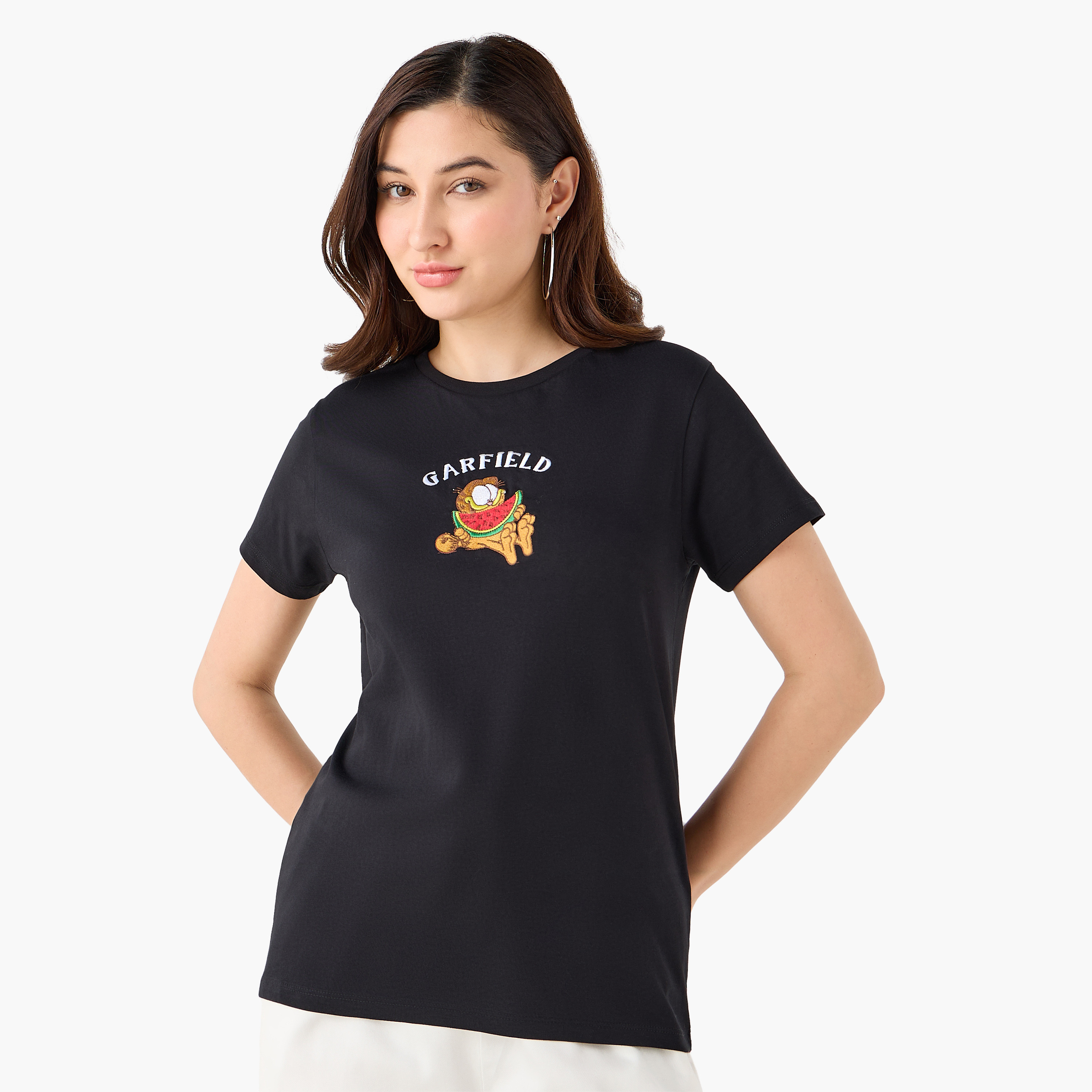 Cotton T-shirt with Garfield Embroidery-women-clothing-tshirts-image-2
