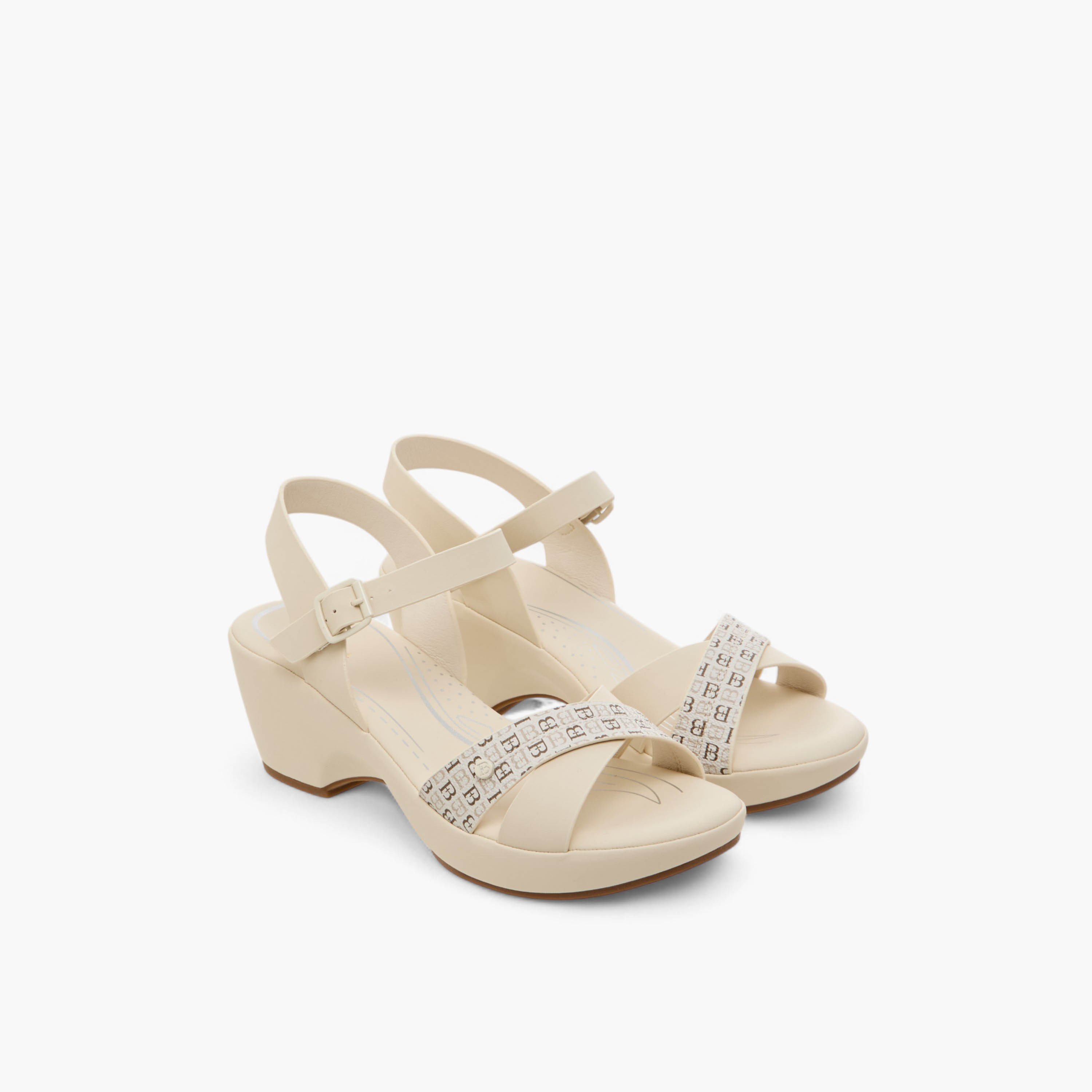 Flora Bella Monogram Print Cross Strap Comfort Sandals with Block Heels and Buckle Closure-women-shoes-sandals-heeled-image-1