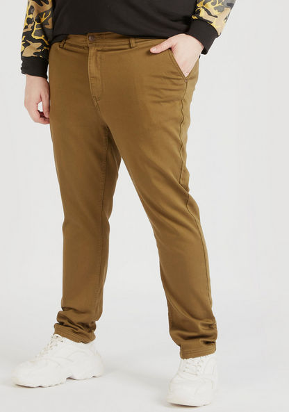 Solid Mid-Rise Chino Pants with Pockets and Button Closure