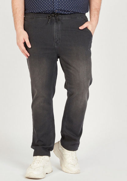 Solid Denim Jeans with Drawstring Closure and Pockets-Jeans-image-4