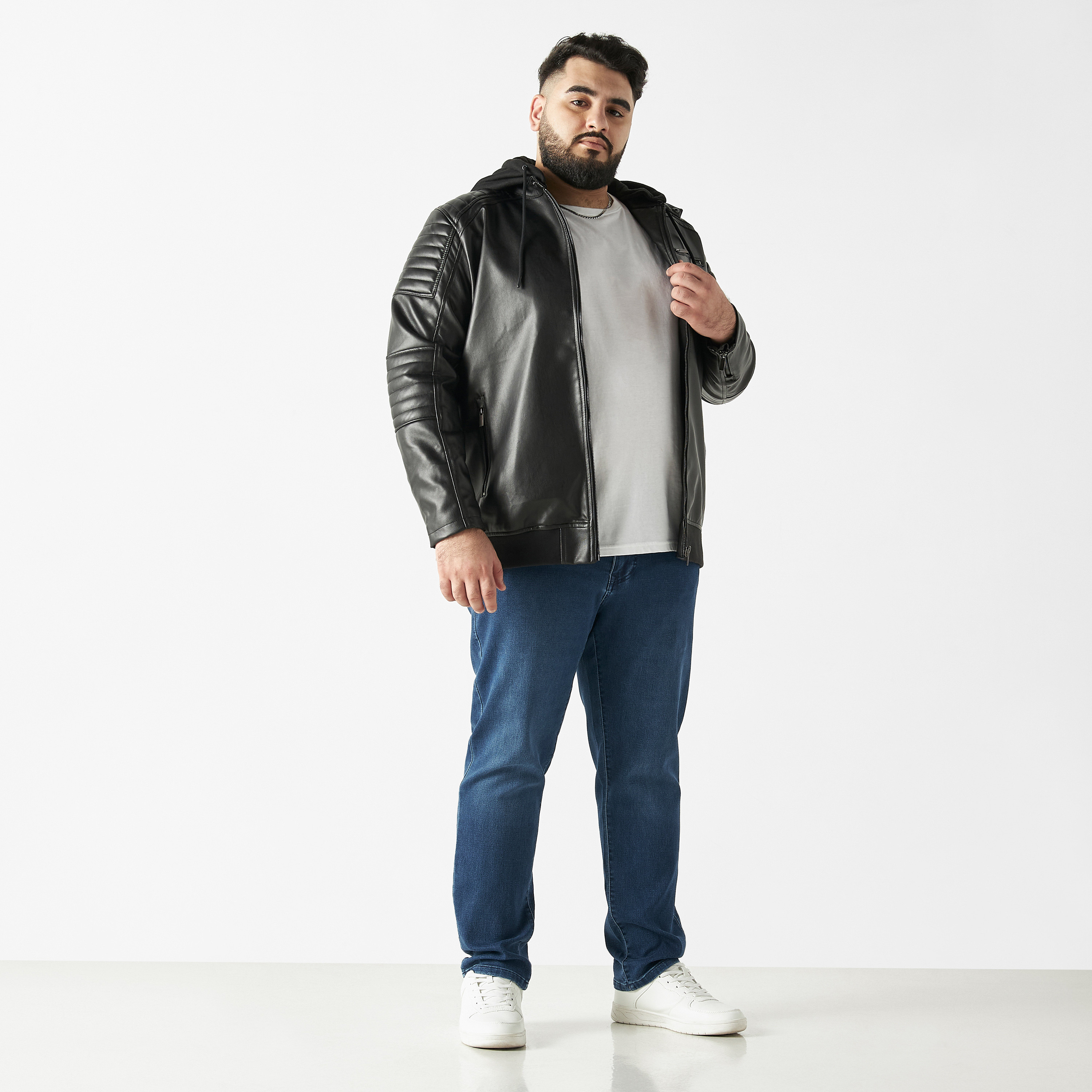 Shop Plus Size Zip Through Leather Jacket with Hood and Long Sleeves Online Splash UAE