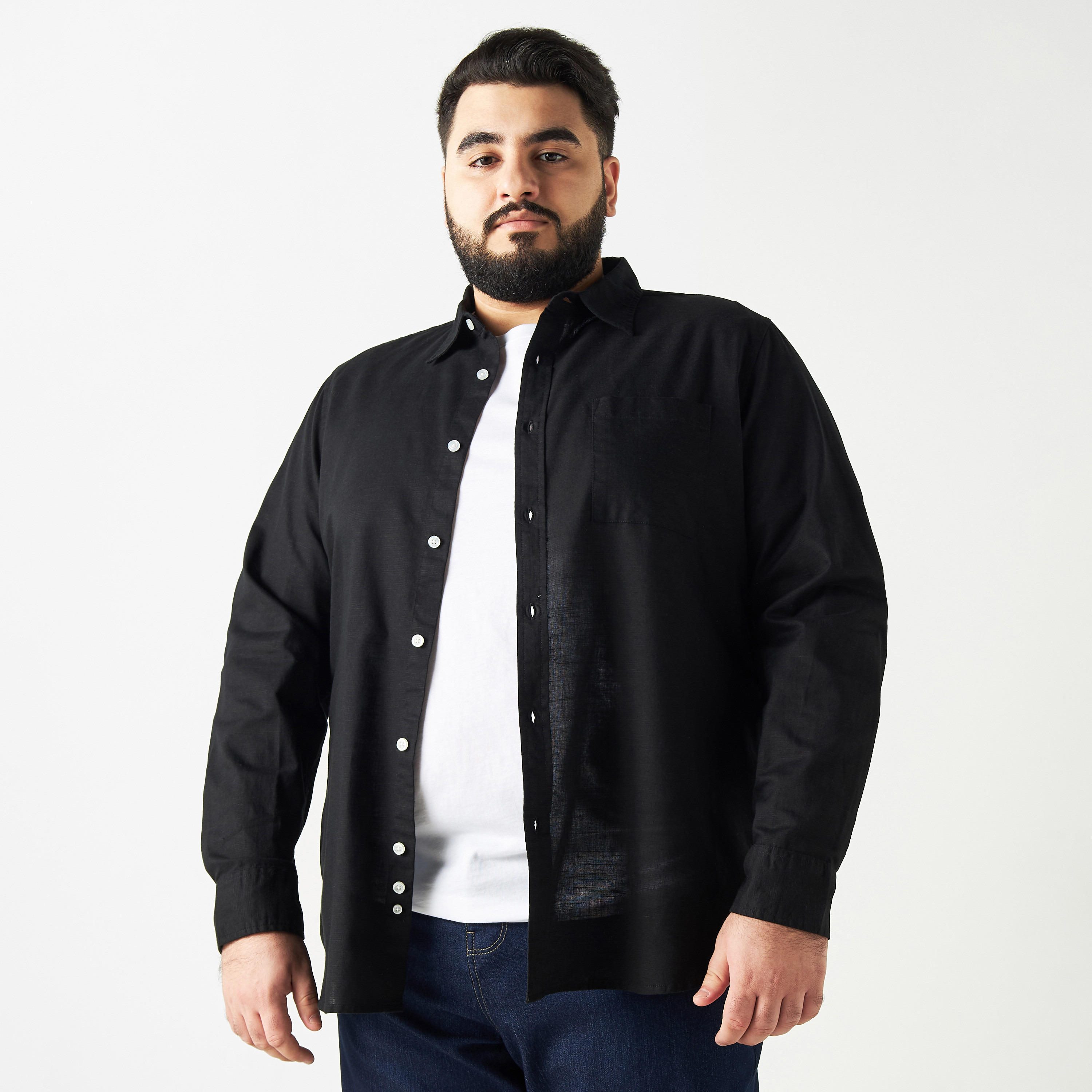 Plus Size Solid Button Up Shirt with Long Sleeves with Chest Pocket-men-clothing-shirts-image-1