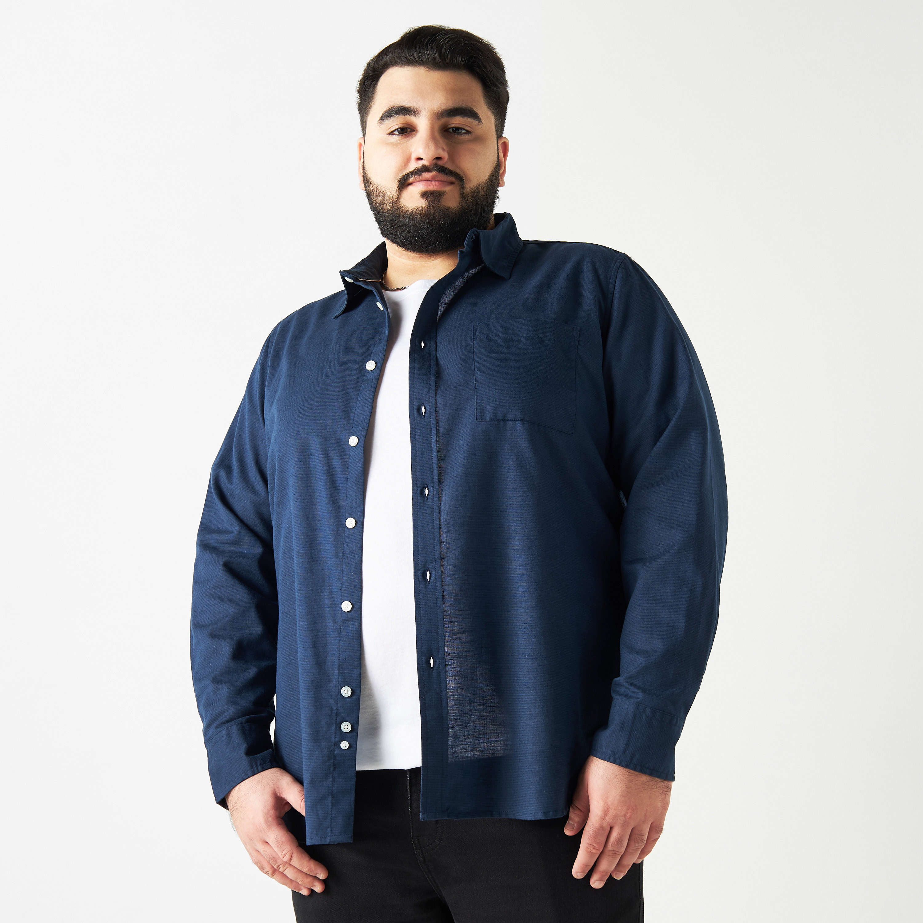 Plus Size Solid Button Up Shirt with Long Sleeves with Chest Pocket-men-clothing-shirts-image-6