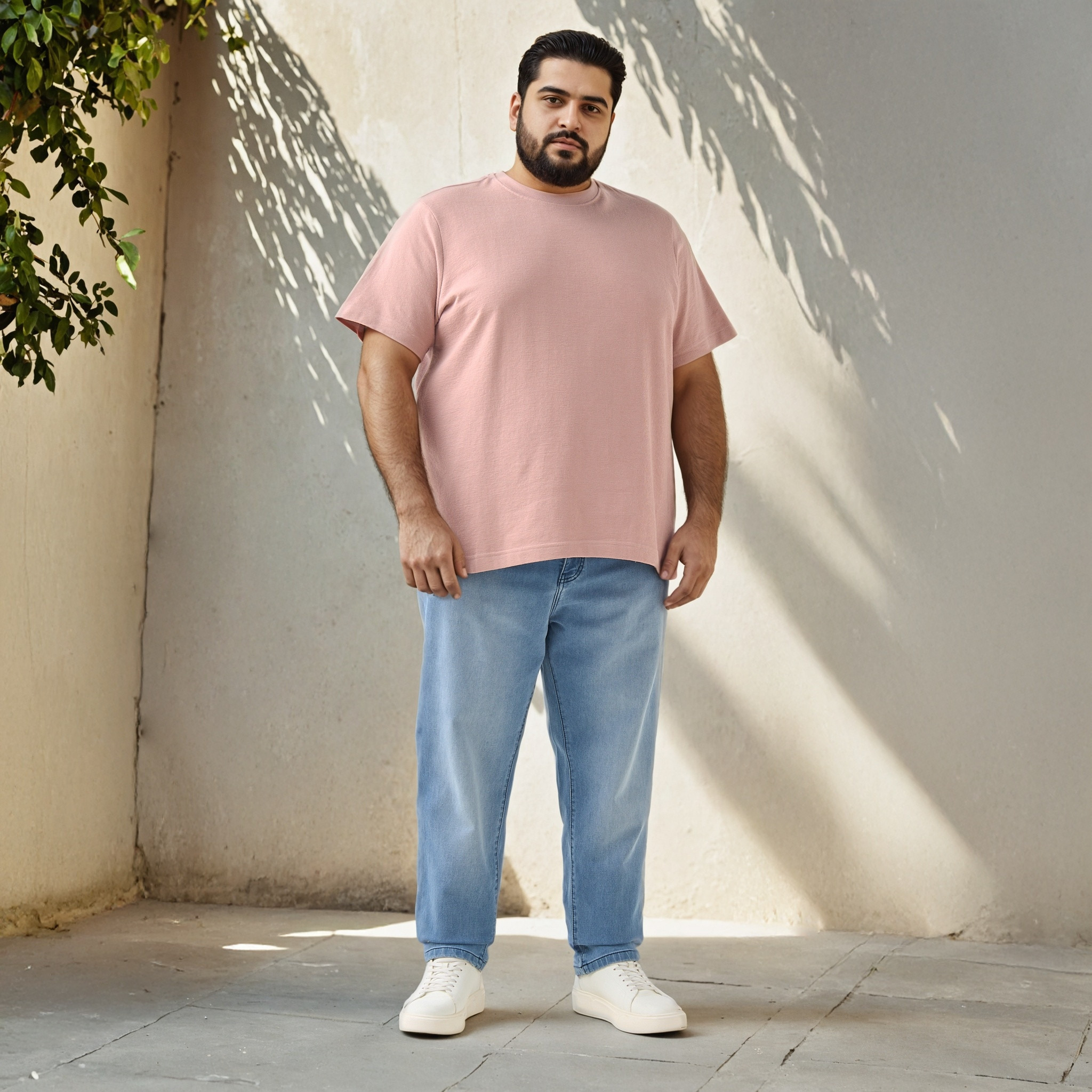 تيشيرت جاكار بمقاس كبير وياقة ضيقة-men-clothing-tshirtsandpolos-tshirts-image-2