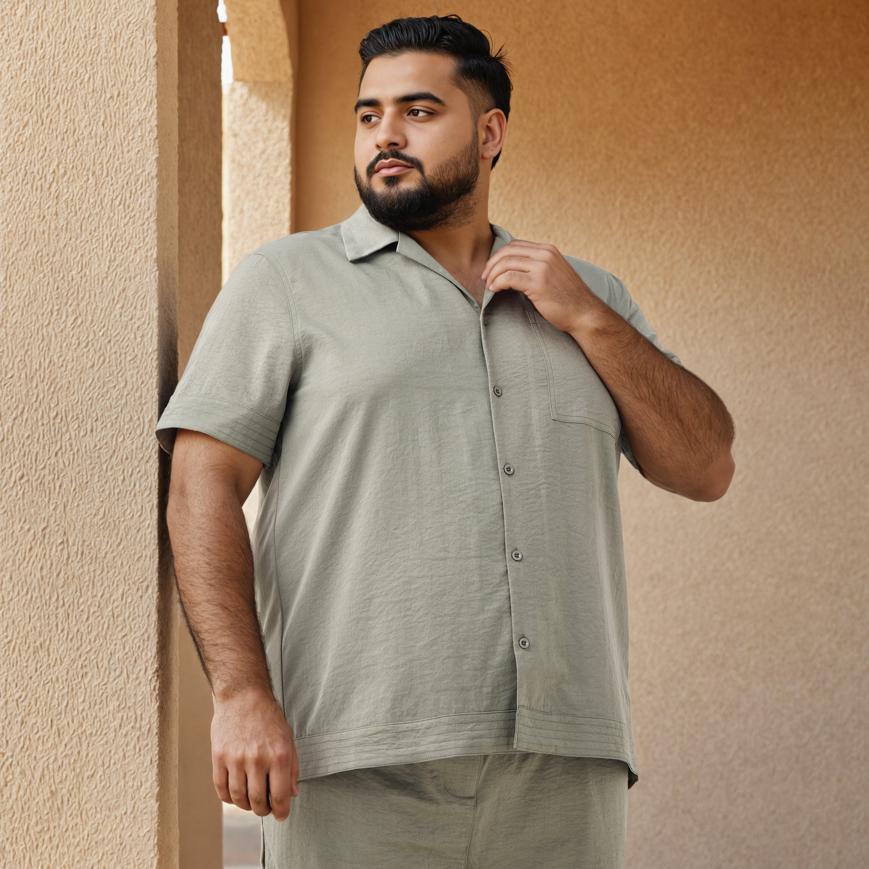 قميص مقاس كبير بارز الملمس بياقة كامب-men-clothing-shirts-image-1