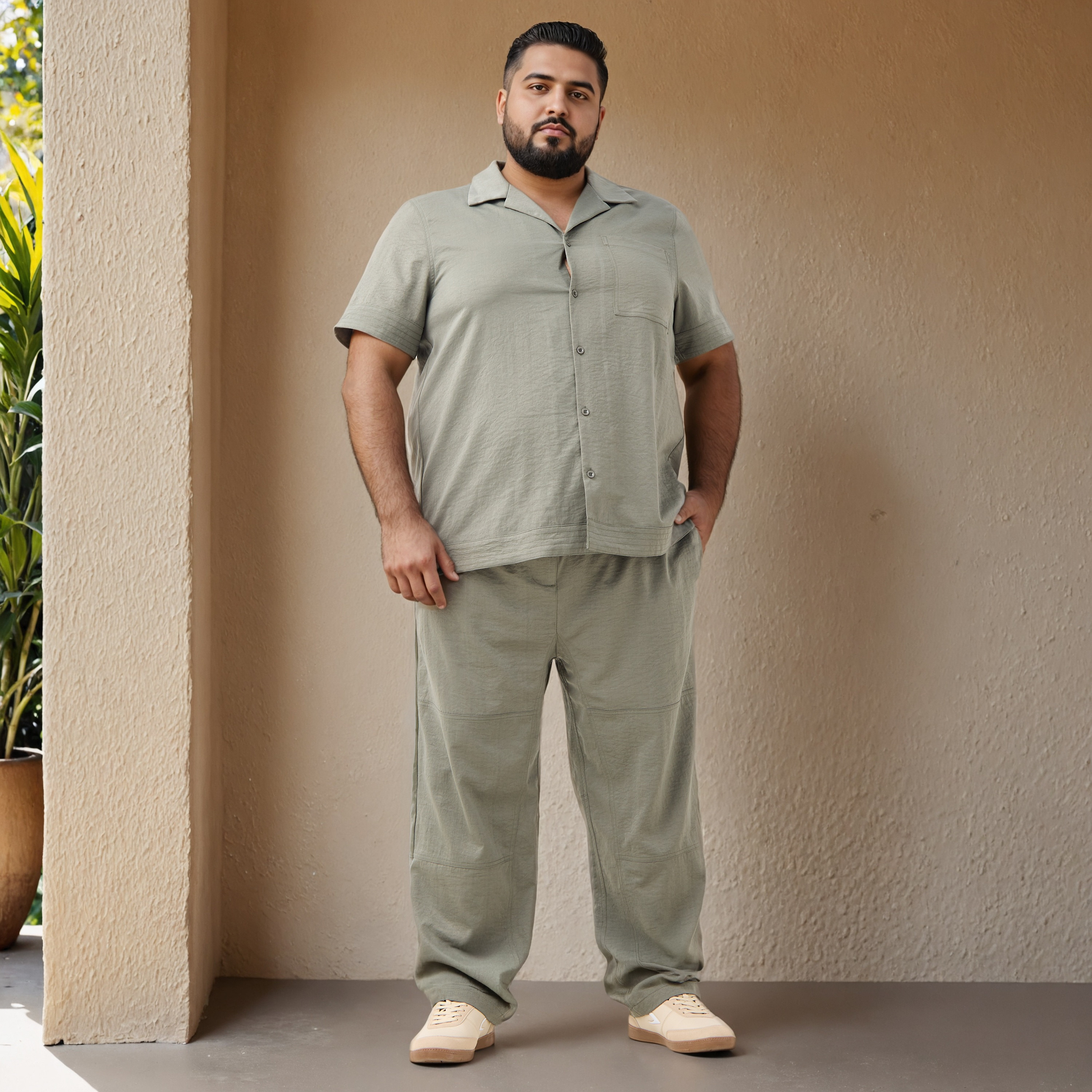 قميص مقاس كبير بارز الملمس بياقة كامب-men-clothing-shirts-image-2