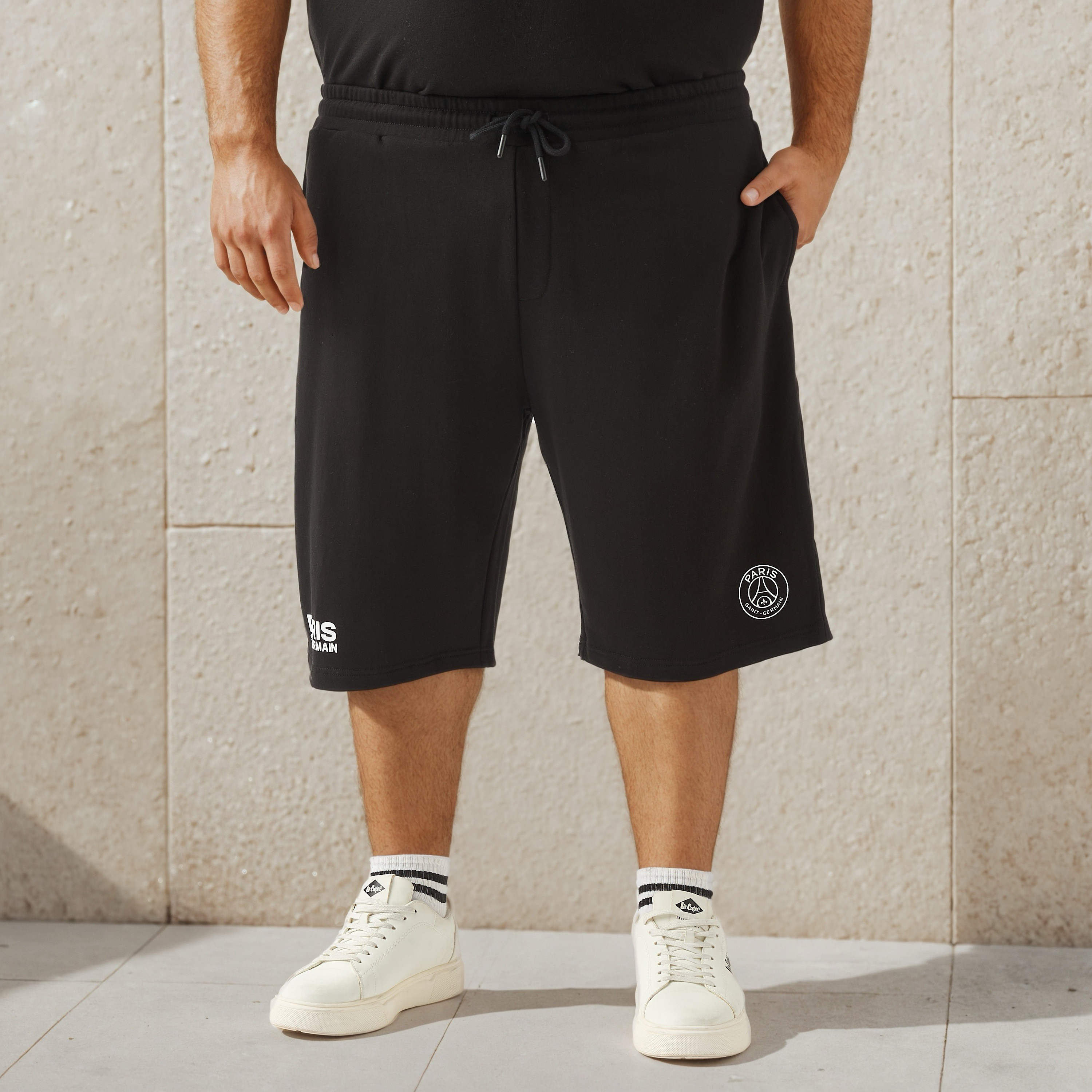 Plus Size Paris Saint Germain Print Flexi Waist Shorts-men-clothing-plussize-shorts-image-1