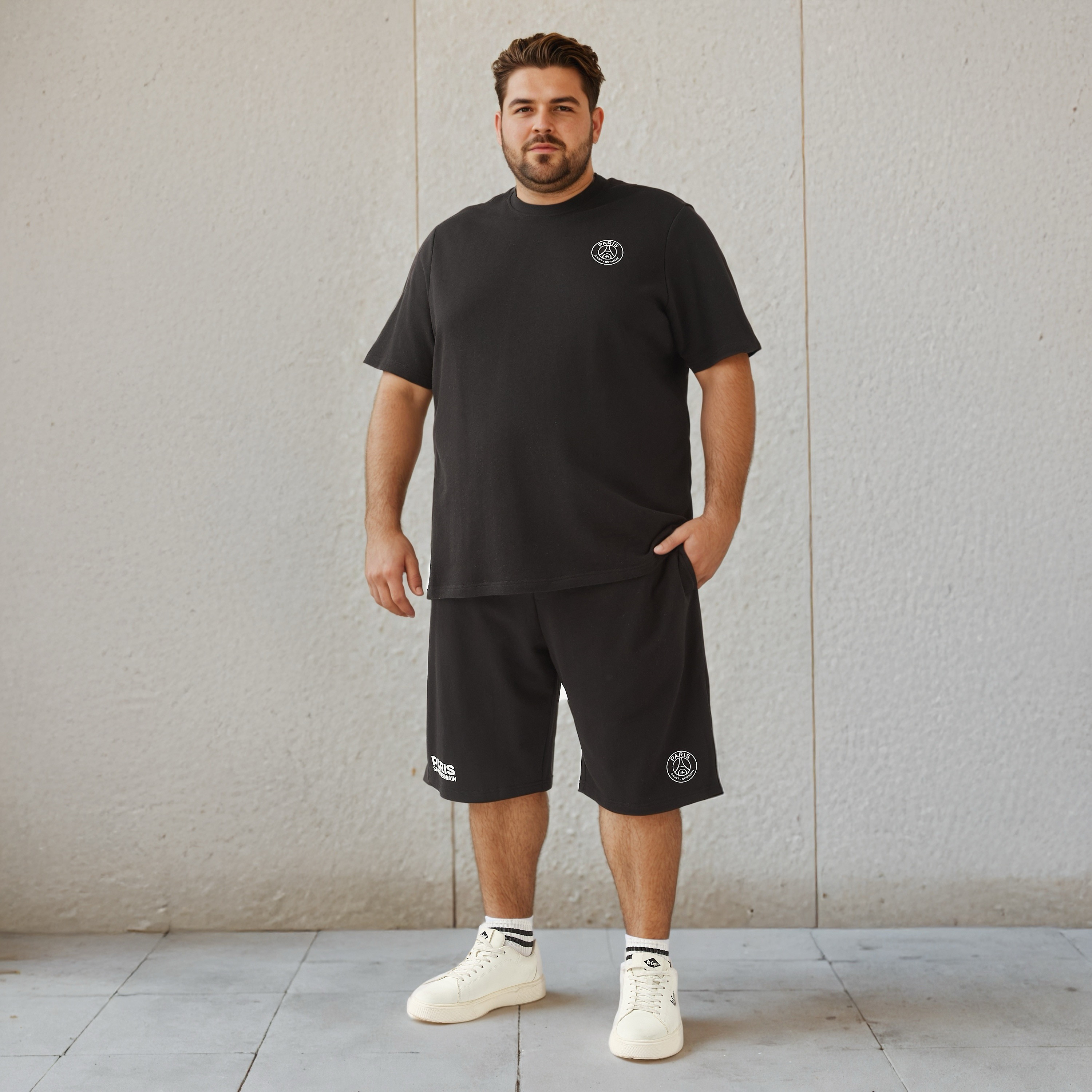Plus Size Paris Saint Germain Print Flexi Waist Shorts-men-clothing-plussize-shorts-image-2