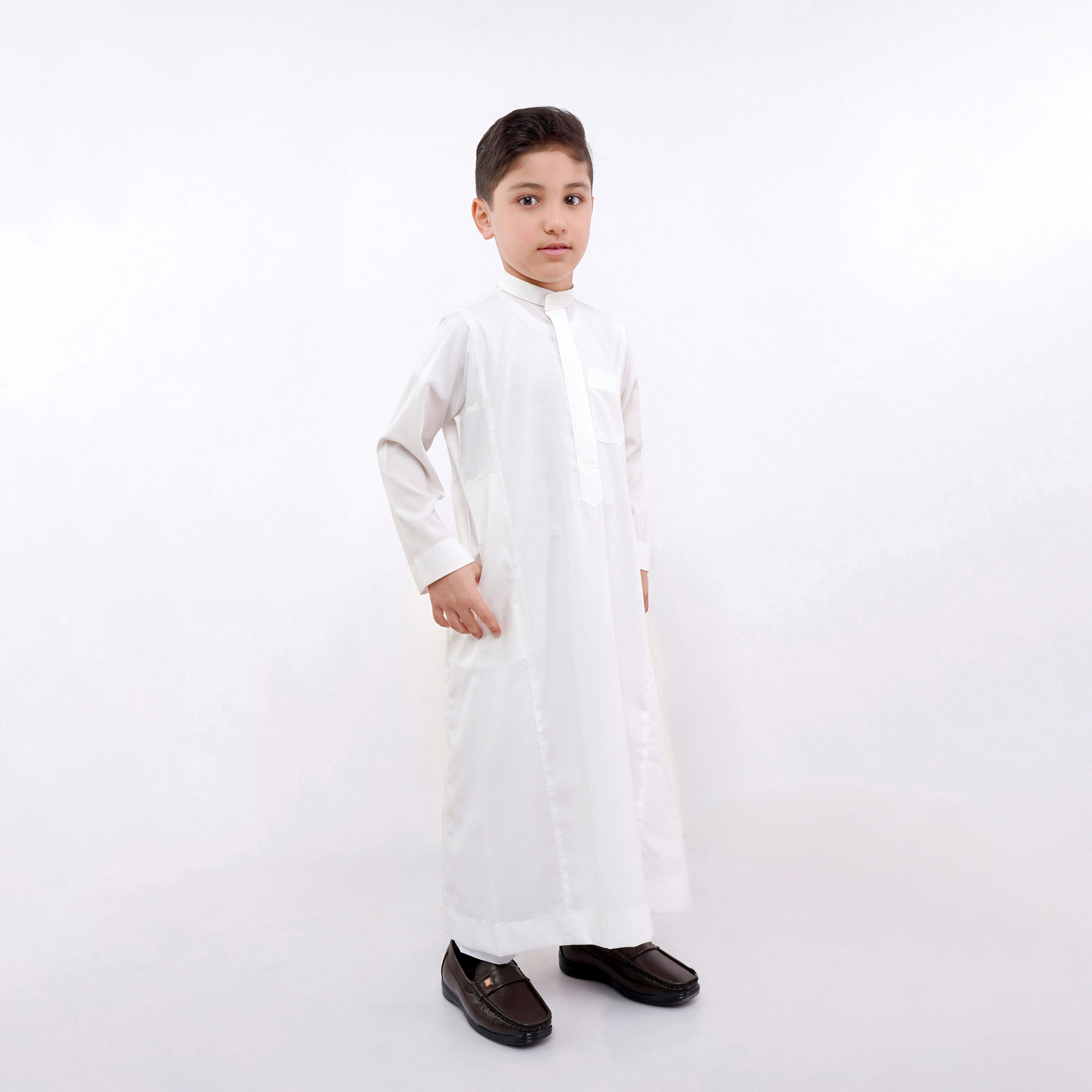 My School Solid Patch Pocket Saudi Thobe with Quarter-Stand Fabric - Cream-boys-arabicclothing-thobes-image-1