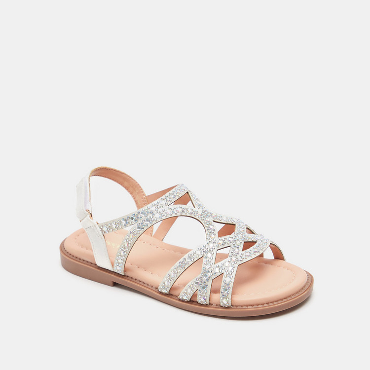 Little Missy Embellished Flat Sandals with Hook and Loop Closure
