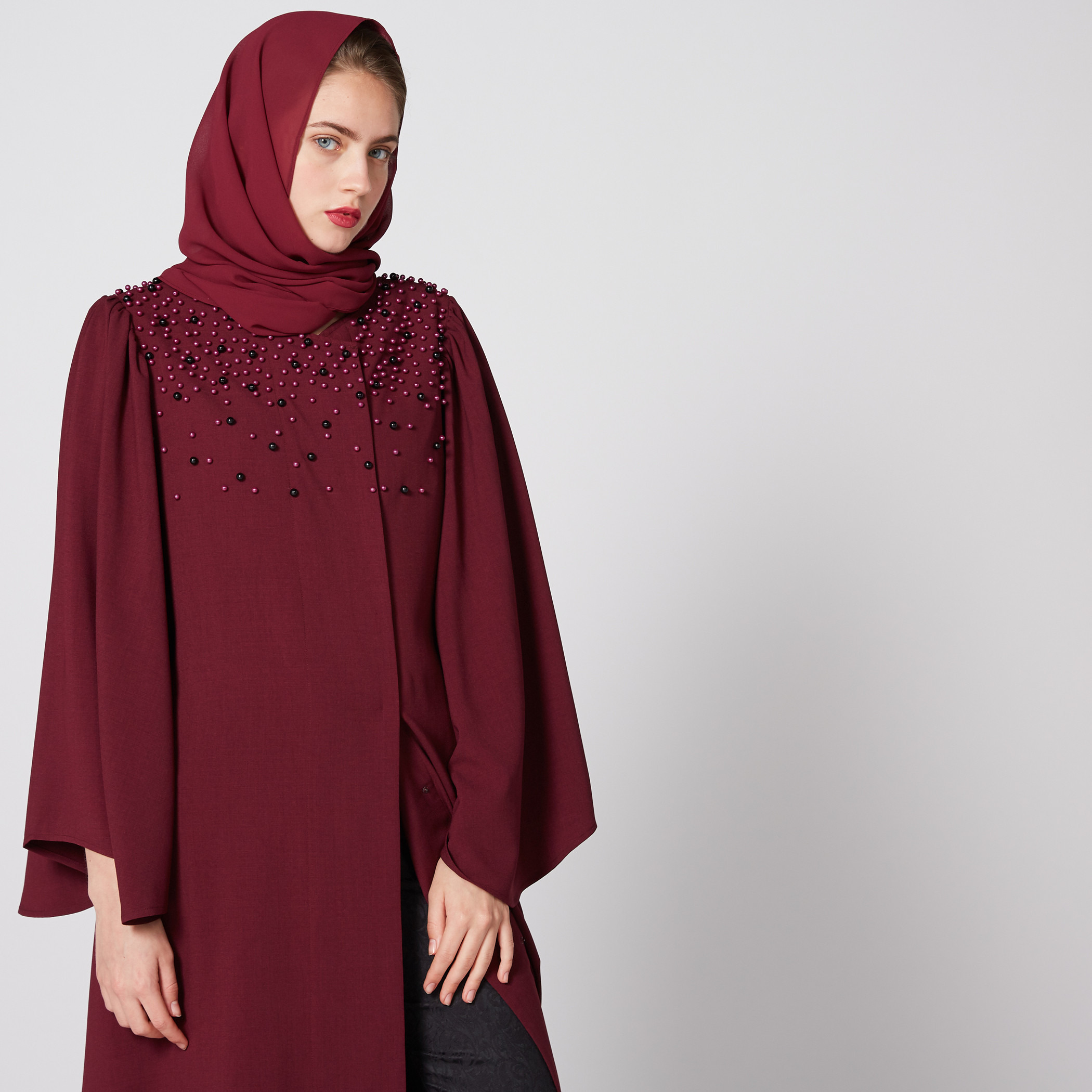 Embellished Abaya with Flared Sleeves and Slit