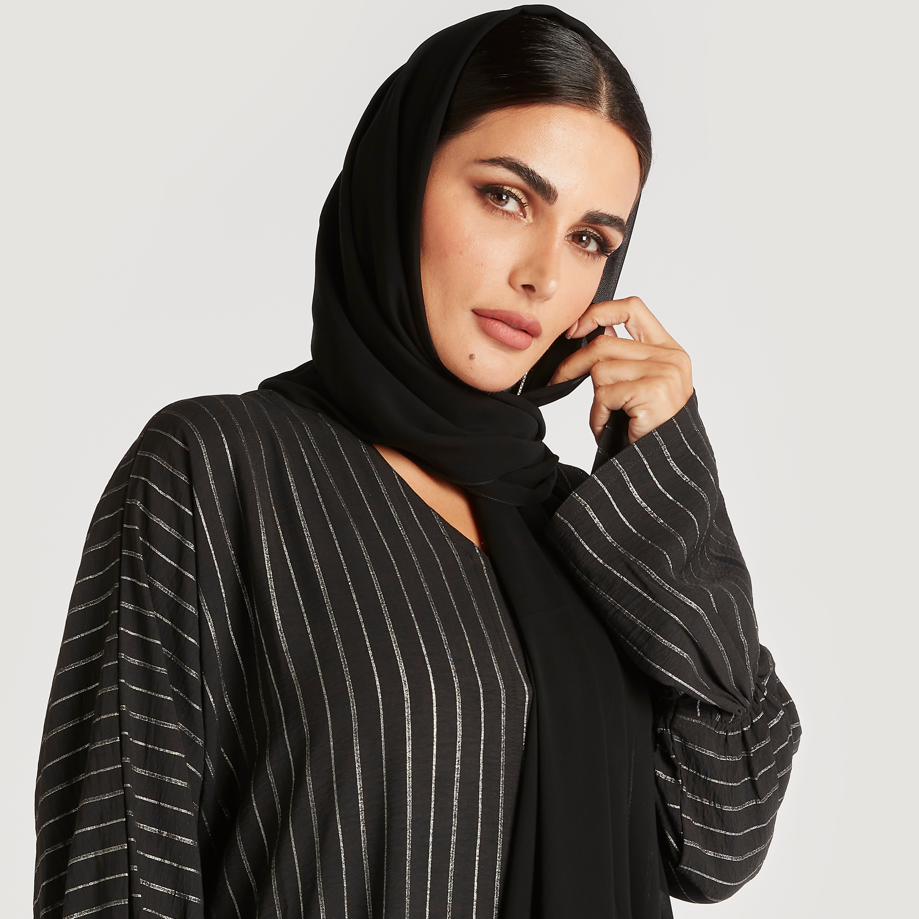 Pin Stripe Front Open Abaya with Gathered Side Hem-women-arabicclothing-abayas-image-2