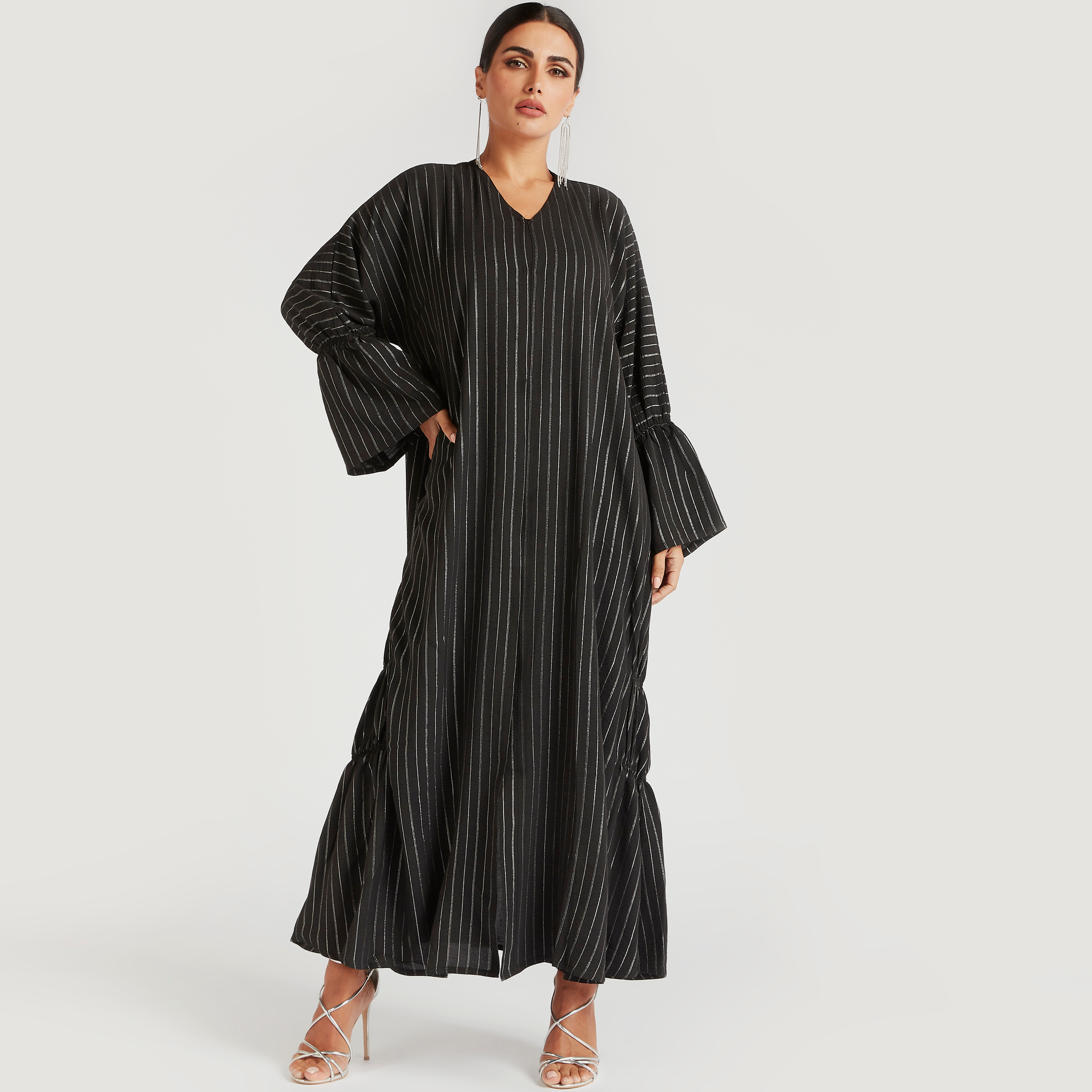 Pin Stripe Front Open Abaya with Gathered Side Hem-women-arabicclothing-abayas-image-3
