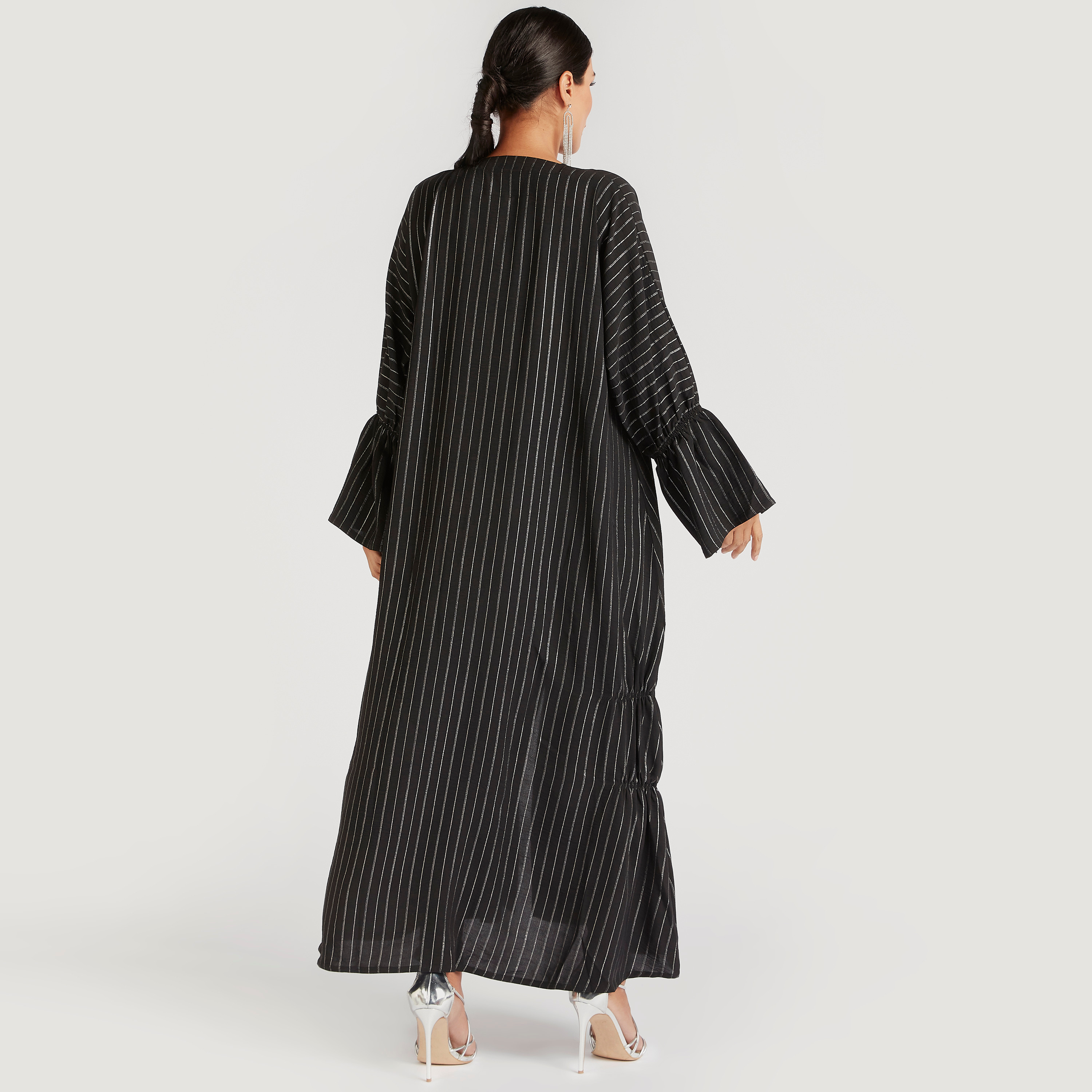 Pin Stripe Front Open Abaya with Gathered Side Hem-women-arabicclothing-abayas-image-4