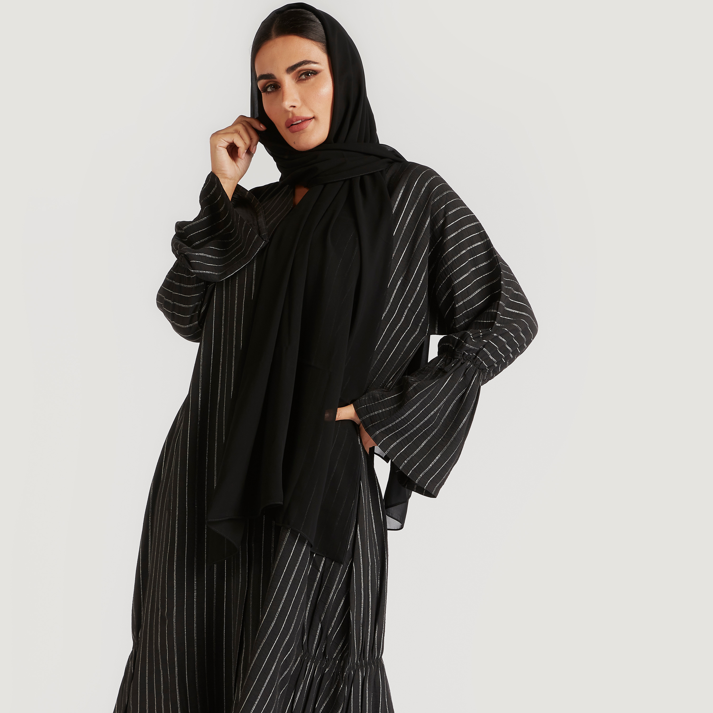 Pin Stripe Front Open Abaya with Gathered Side Hem-women-arabicclothing-abayas-image-5