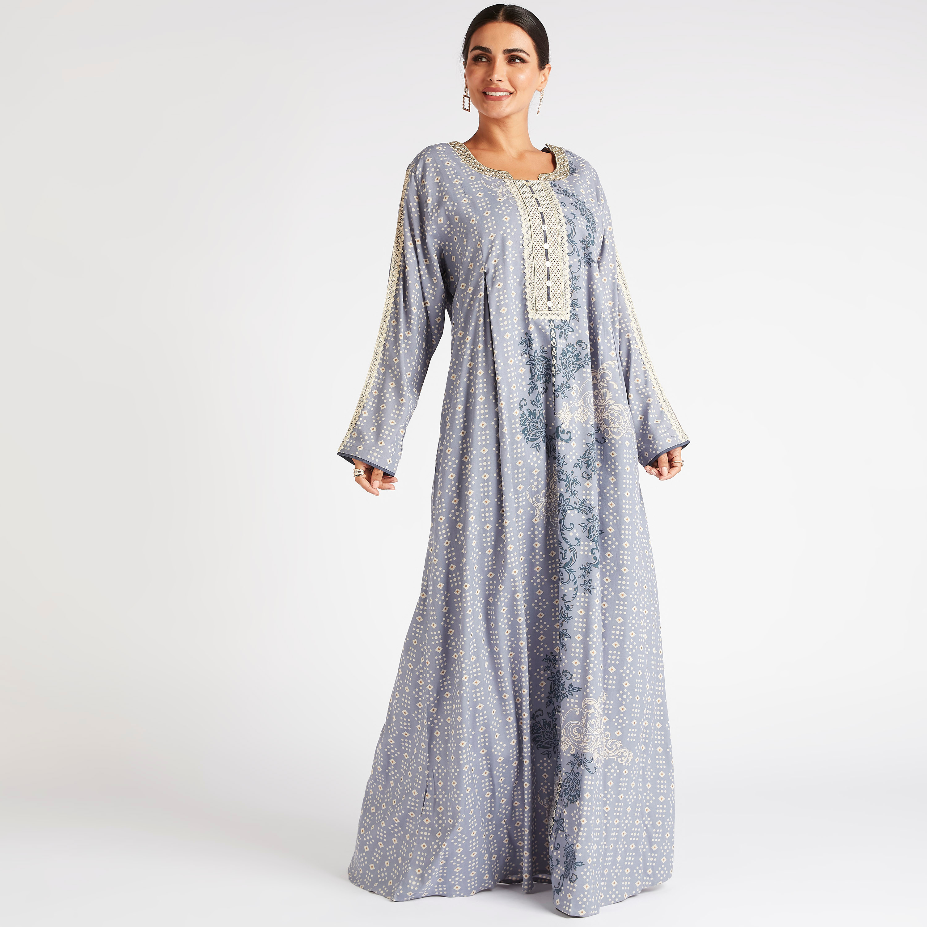 Shop Abayas Printed A line Jalabiya with Embroidery Detail and