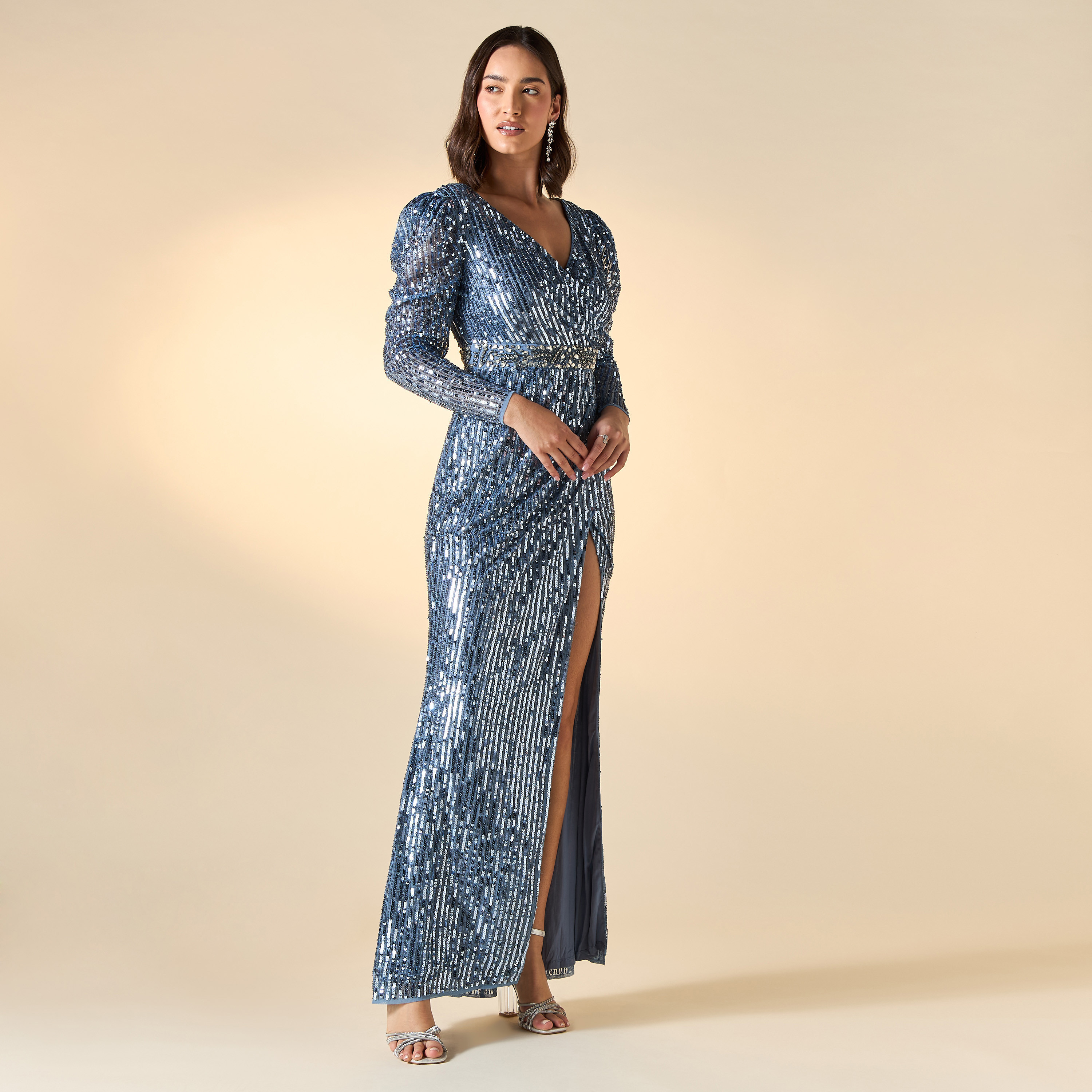 Amelia Rose All-Over Embellished Dress with Slit and V-neck-women-clothing-dresses-image-1