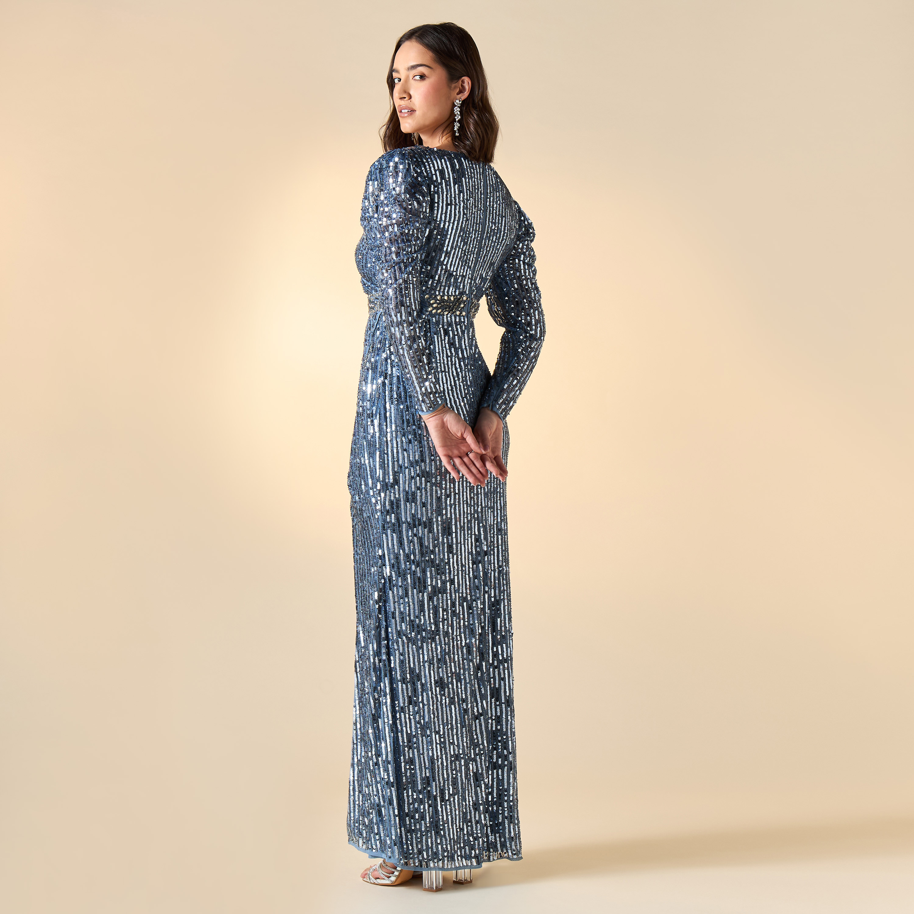 Amelia Rose All-Over Embellished Dress with Slit and V-neck-women-clothing-dresses-image-2