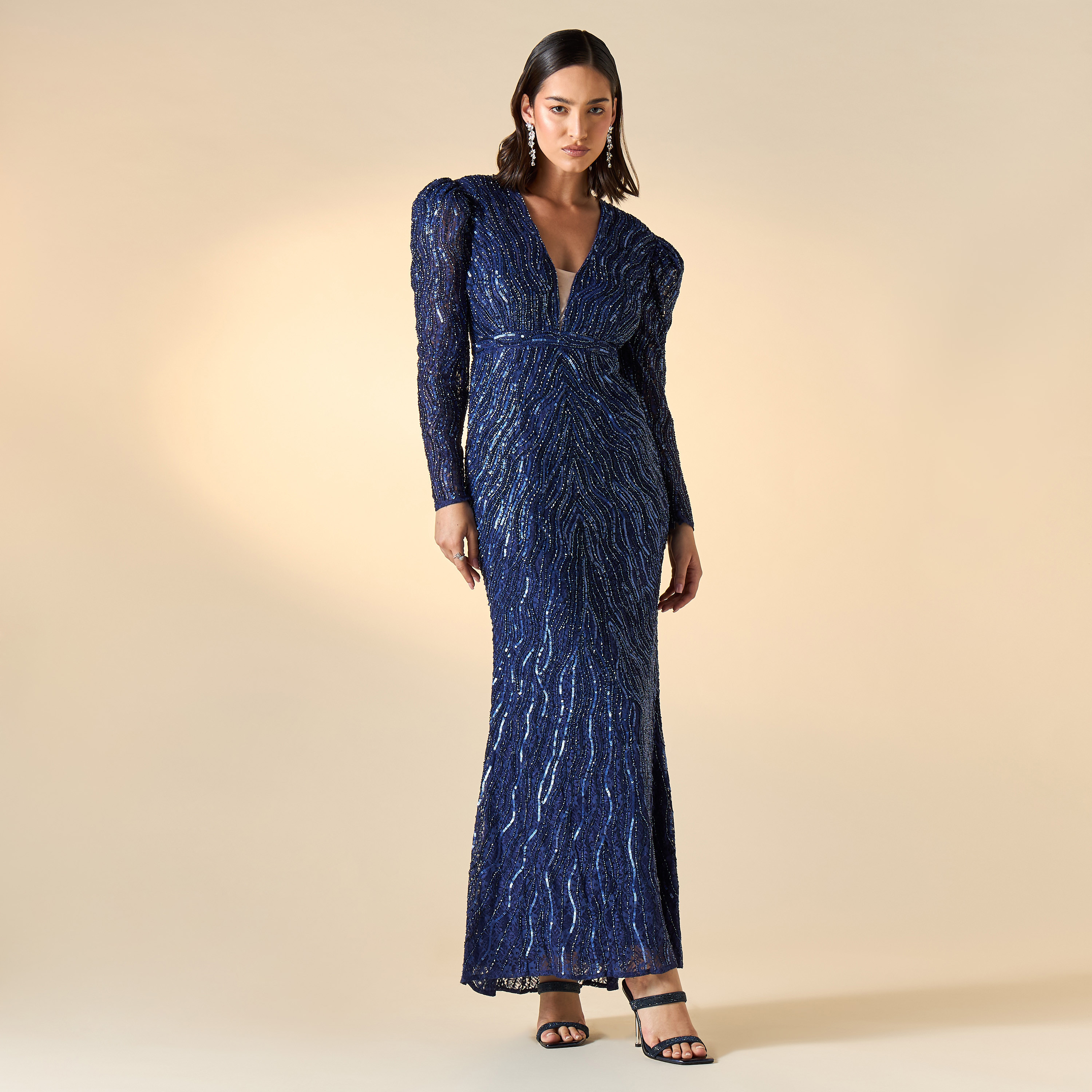 Amelia Rose All-Over Embellished Plunge Neck Dress with Long Sleeves-women-clothing-dresses-image-1