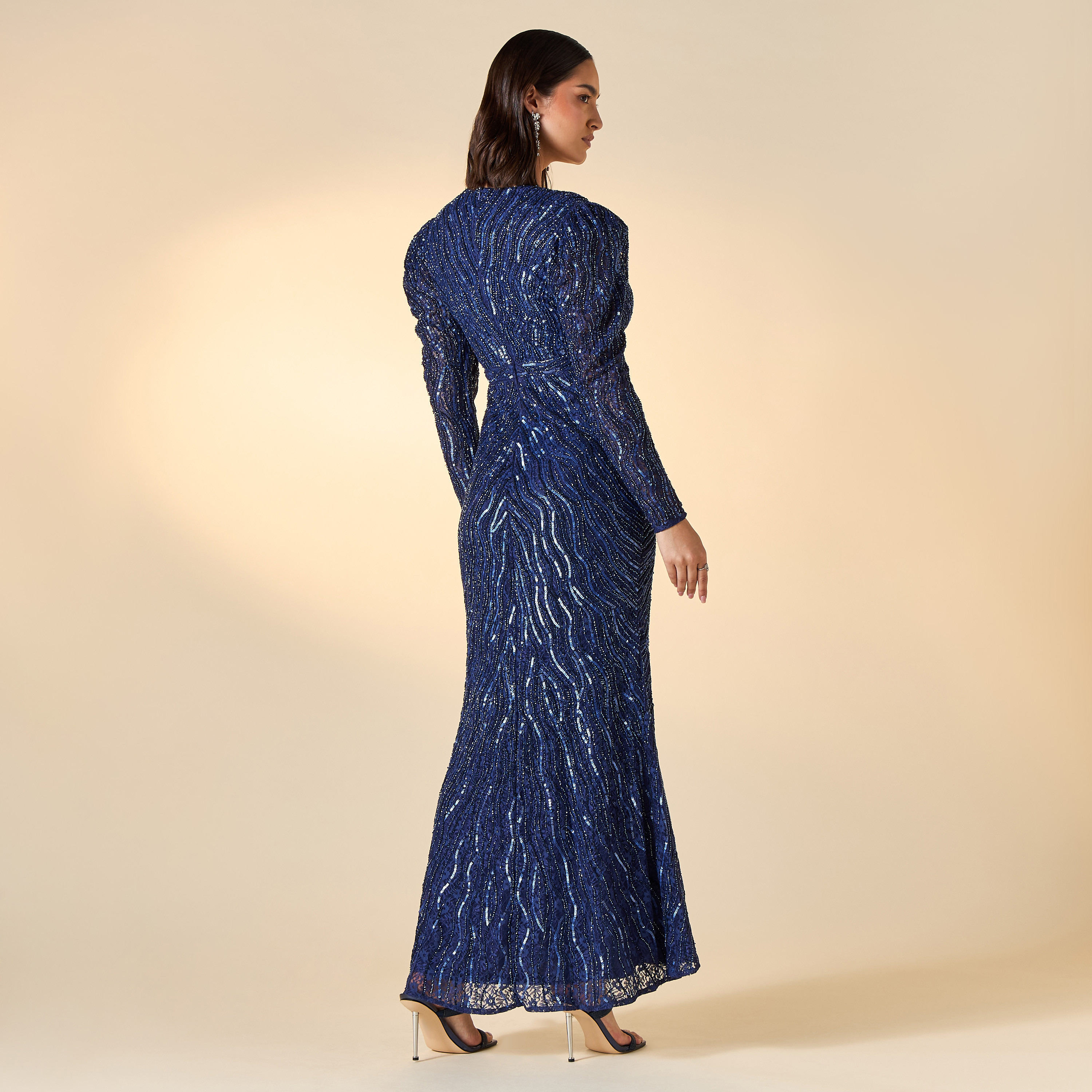 Amelia Rose All-Over Embellished Plunge Neck Dress with Long Sleeves-women-clothing-dresses-image-2