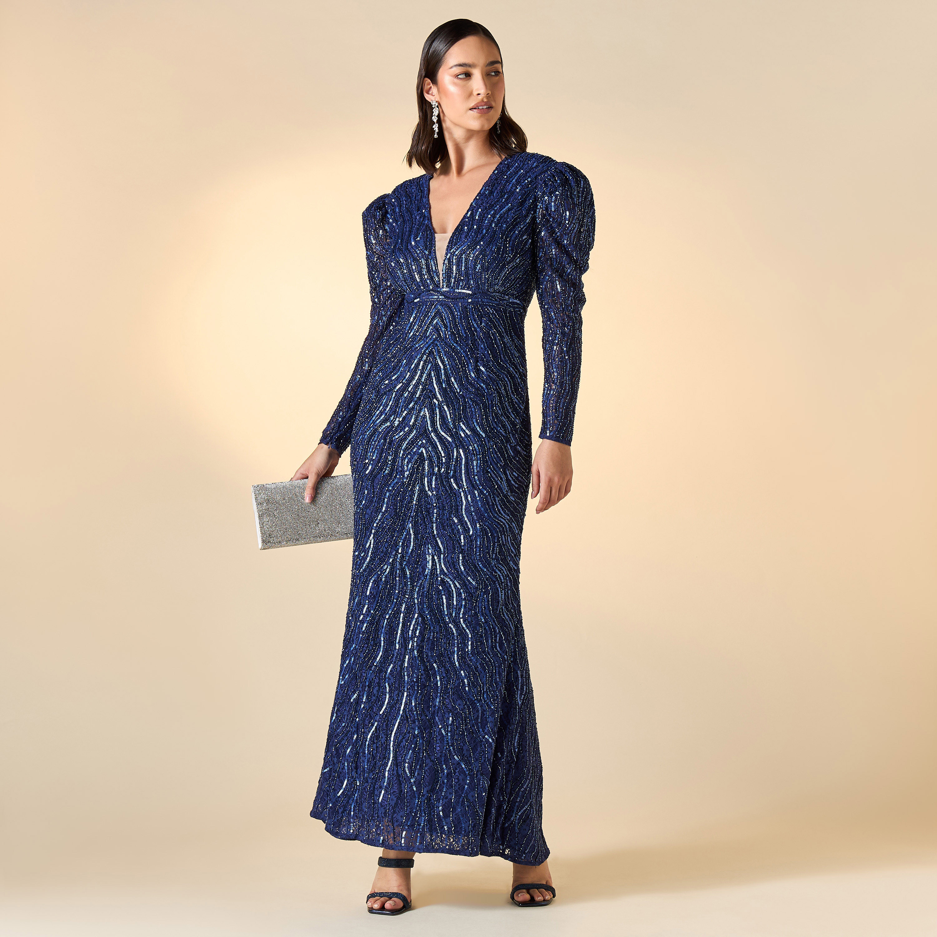 Amelia Rose All-Over Embellished Plunge Neck Dress with Long Sleeves-women-clothing-dresses-image-3
