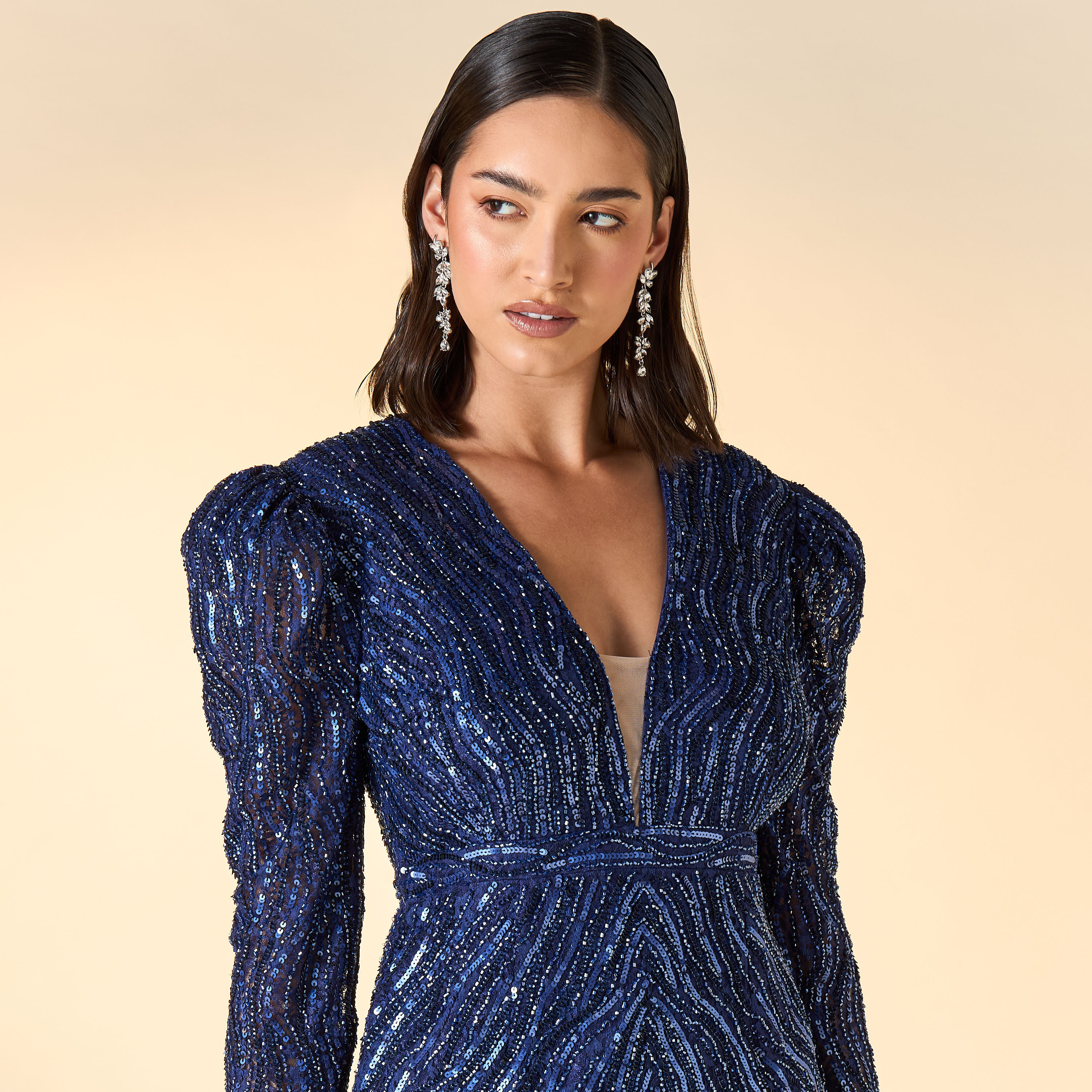 Amelia Rose All-Over Embellished Plunge Neck Dress with Long Sleeves-women-clothing-dresses-image-4