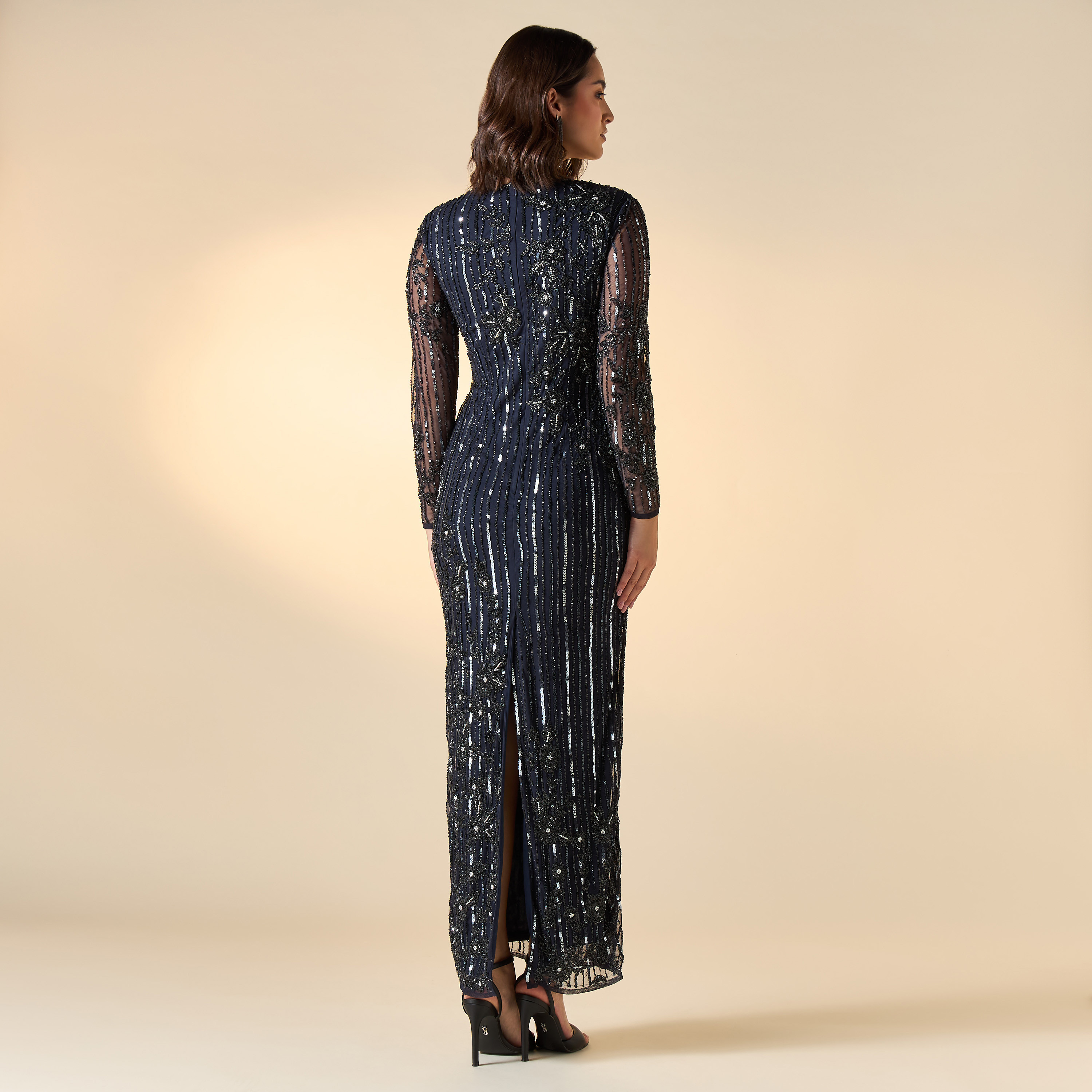 Amelia Rose All-Over Embellished Dress with Slit and Long Sleeves-women-clothing-dresses-image-3